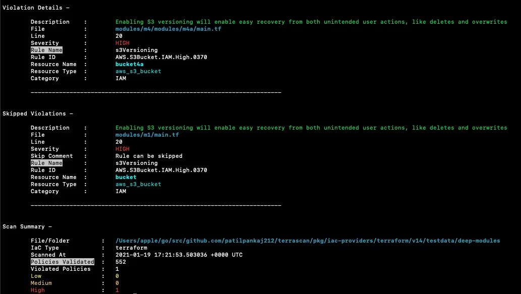 Terrascan terminal output showing Terraform IaC violation details and scan summary