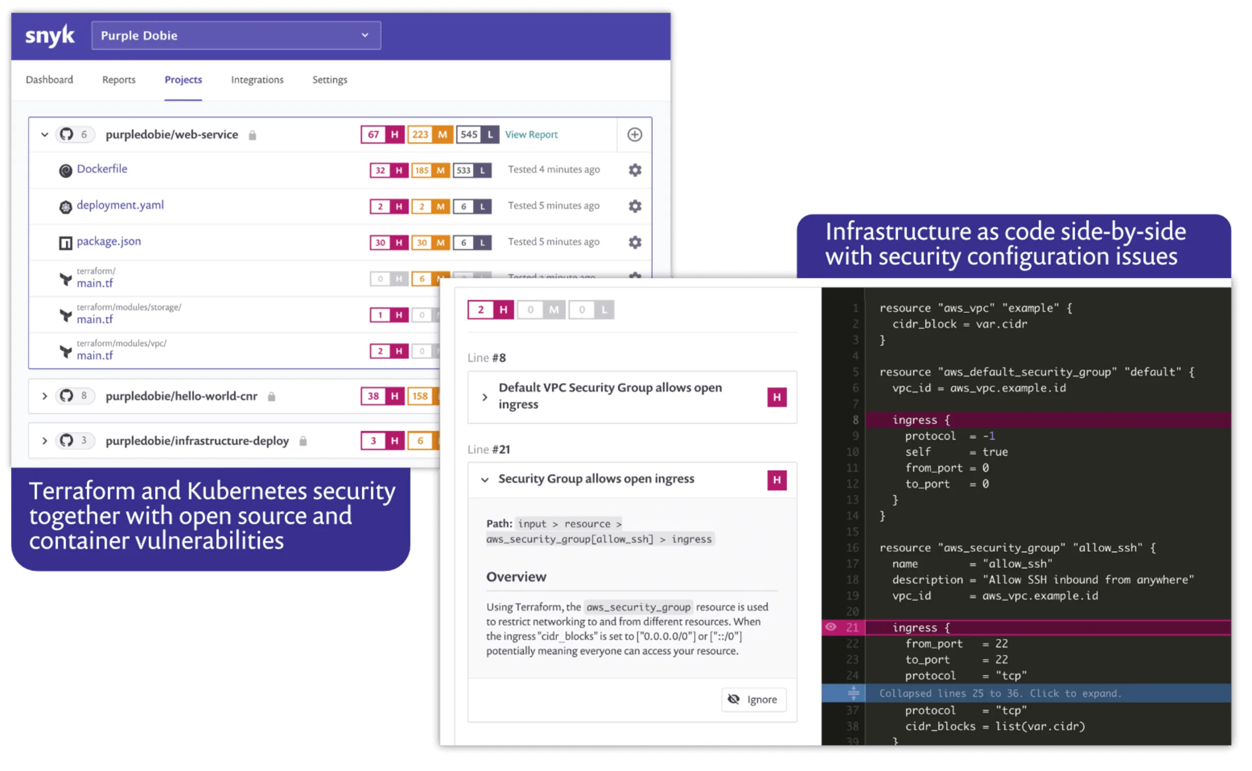 Snyk IaC dashboard showing Terraform and Kubernetes projects with security issue counts