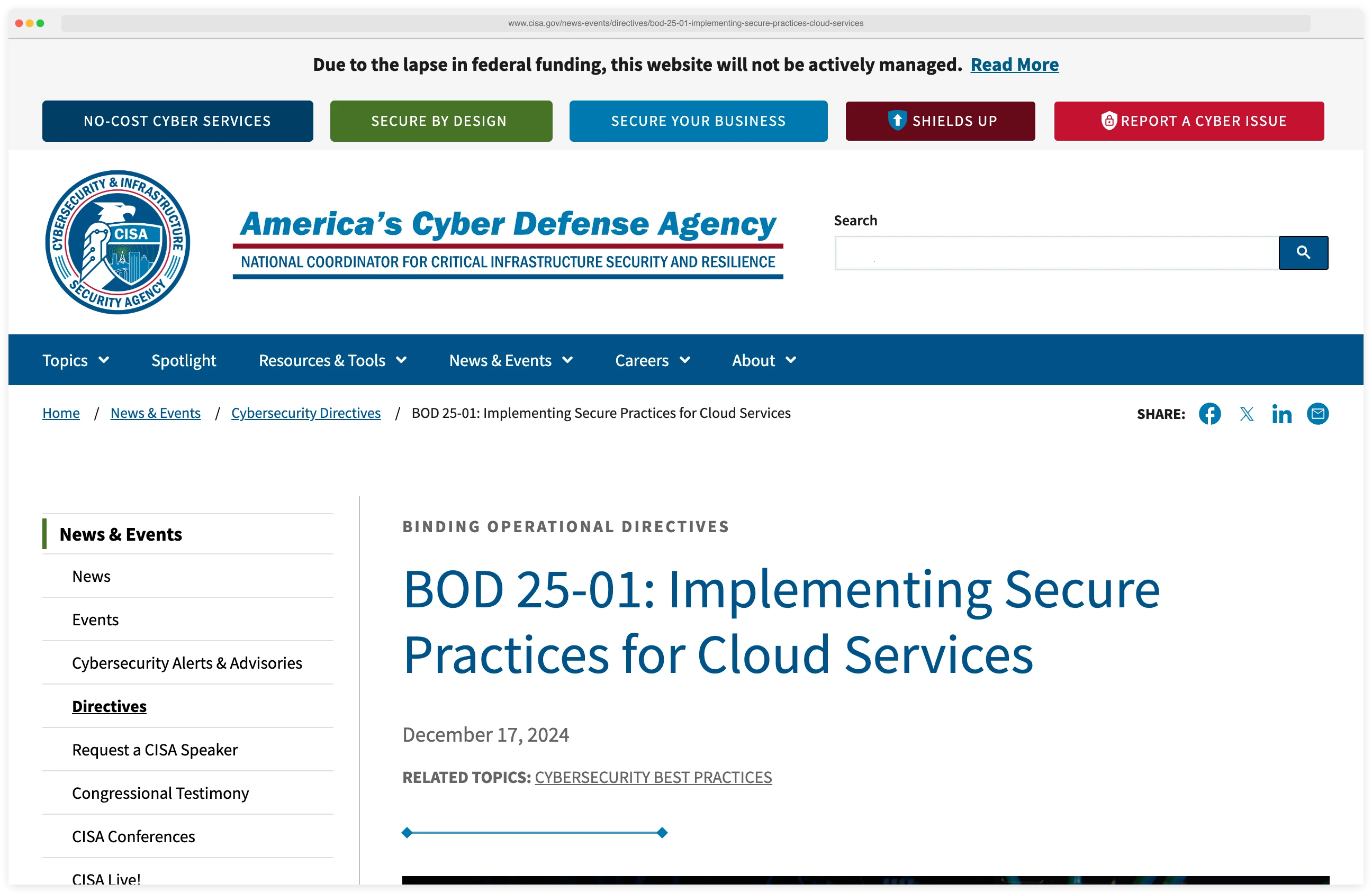 CISA Binding Operational Directive 25-01 requiring federal agencies to implement secure cloud configurations, issued December 2024