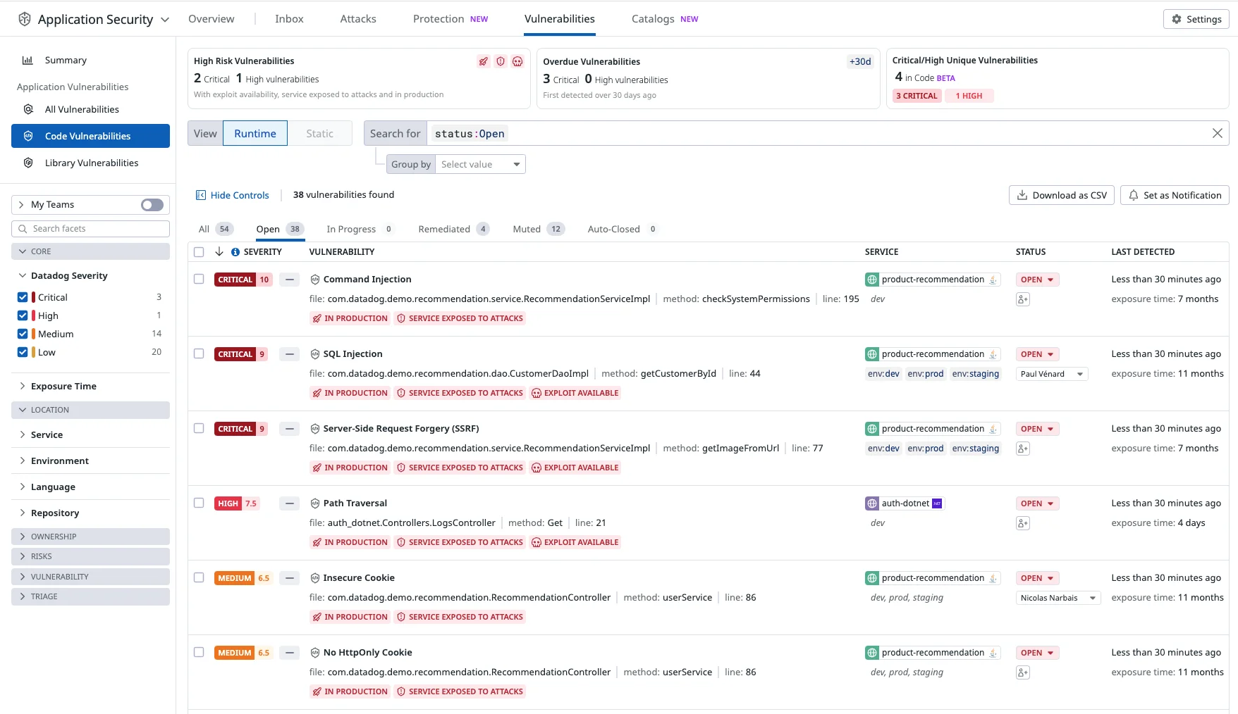 Datadog Code Security IAST findings panel showing runtime vulnerability detection with OWASP Benchmark 100% accuracy