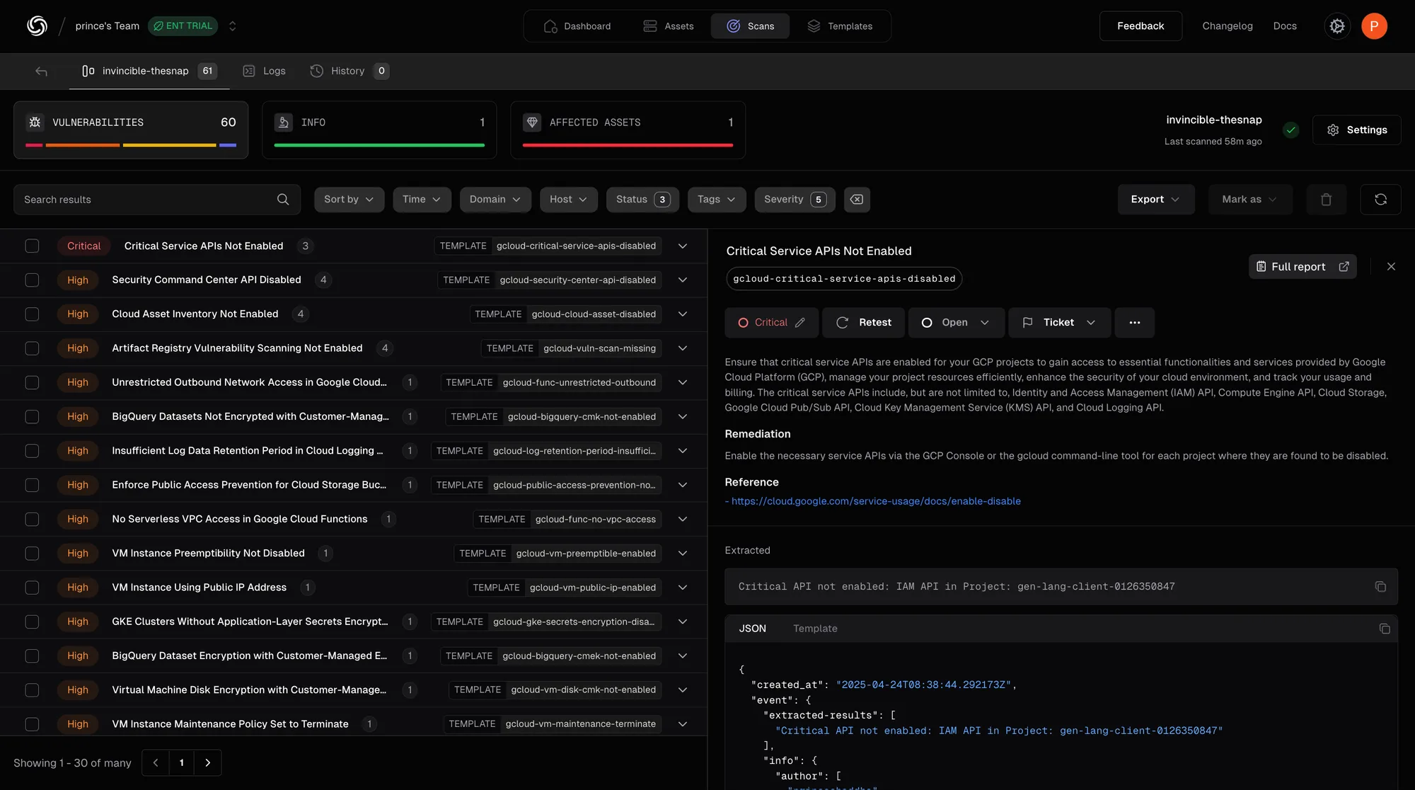 Nuclei ProjectDiscovery Cloud Platform showing vulnerability scan results with critical and high severity findings, template-based detections, and detailed remediation guidance