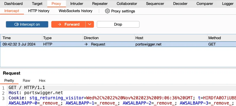Burp Suite Proxy Intercept tab showing a captured HTTP request with editable headers and body, illustrating the manual pentesting workflow that distinguishes Burp from automated DAST platforms like Invicti