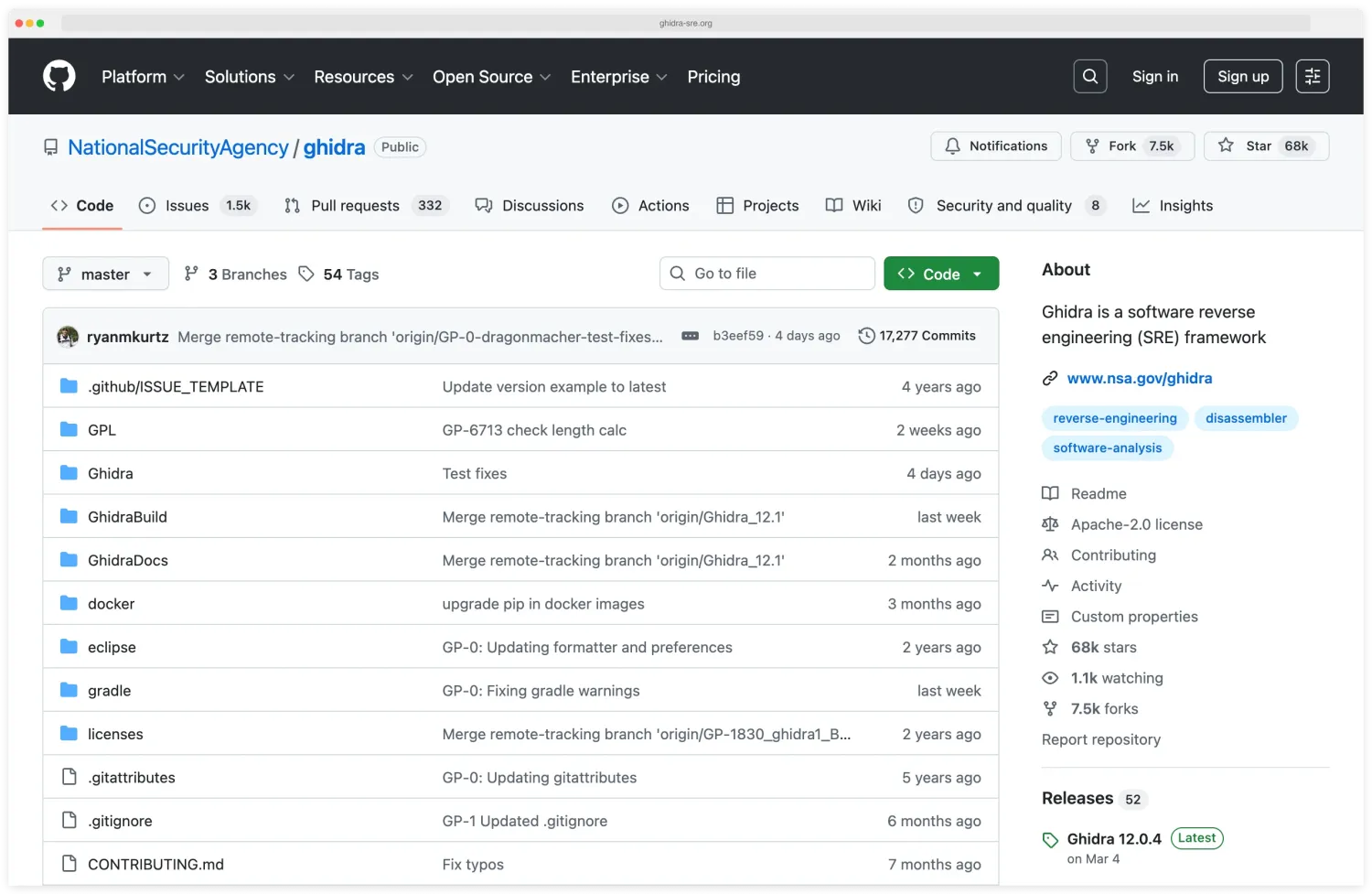 Ghidra homepage from ghidra-sre.org describing the Software Reverse Engineering framework released by the NSA Research Directorate, with the disassembler, decompiler, scripting interface, and supported processor architectures including ARM, AArch64, x86, and PowerPC, plus the Apache-2.0 license and download link