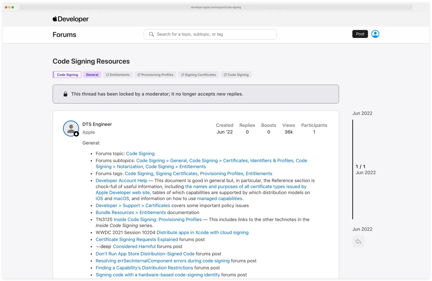 Apple Developer support page on code signing describing how all executable code on iOS must be signed by a developer certificate and provisioning profile issued by Apple, with sections covering Developer ID signing, distribution profiles, the notarization workflow for Mac apps, and the kext signing requirement