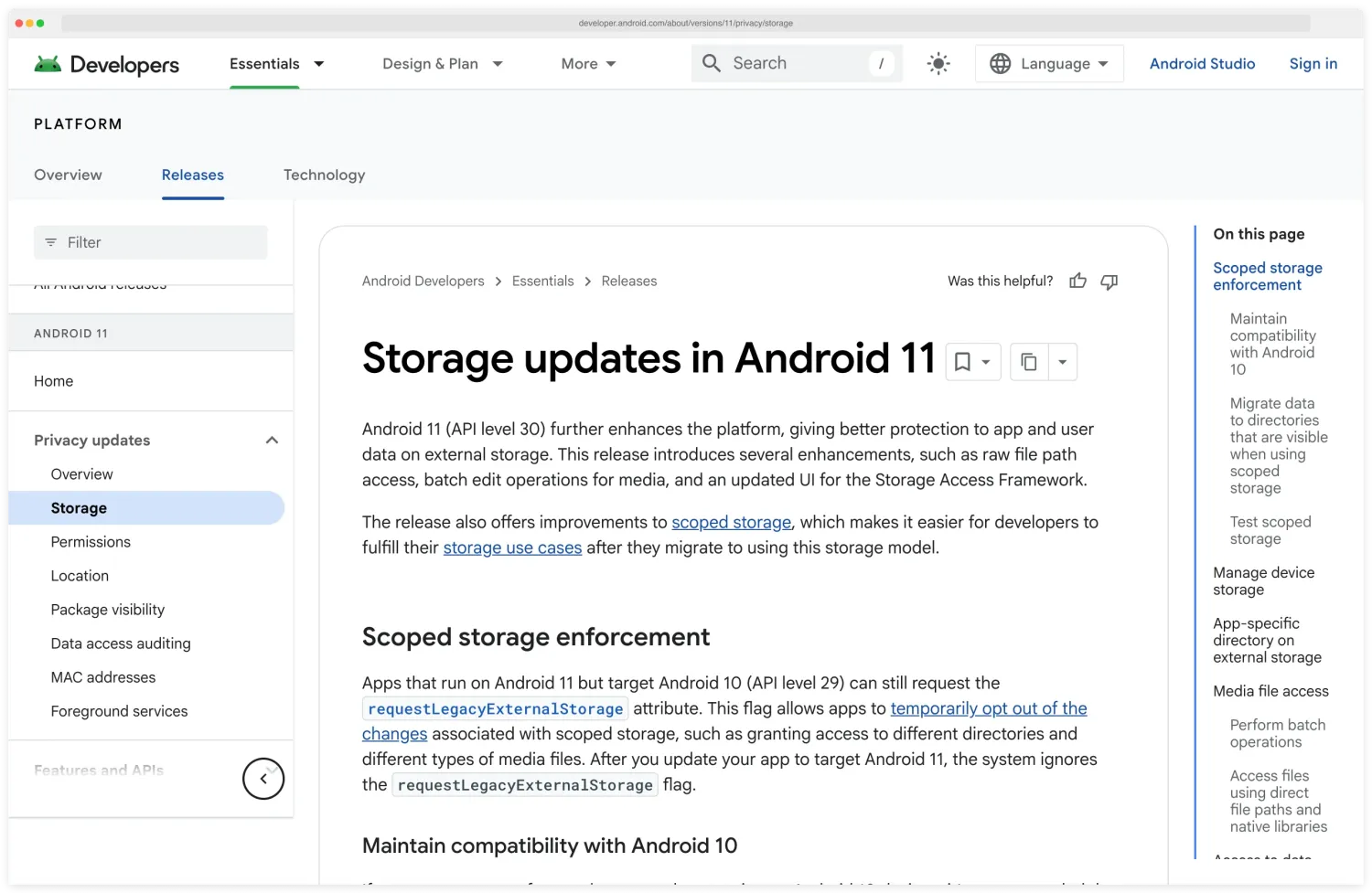Android Developers documentation page on Scoped Storage describing the Android 10 and 11 changes that restrict app access to external storage to per-app directories, the MediaStore API for shared collections, and the legacy storage opt-out flag for apps targeting older API levels