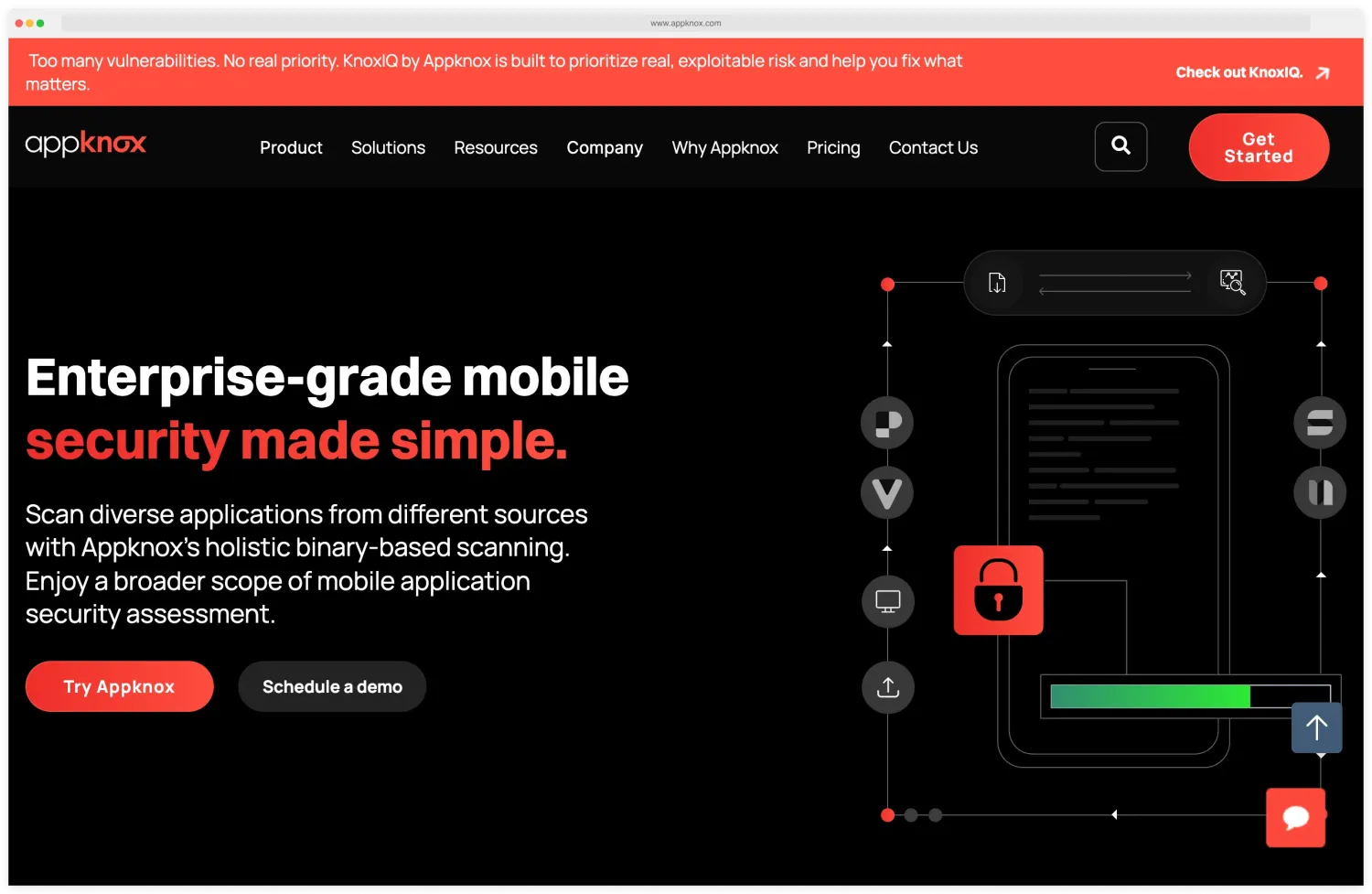AppKnox homepage with the headline Enterprise-grade mobile security made simple, the KnoxIQ banner, a Try Appknox call-to-action, and an animated diagram showing app scanning across binary inputs with severity counts and vulnerability extraction