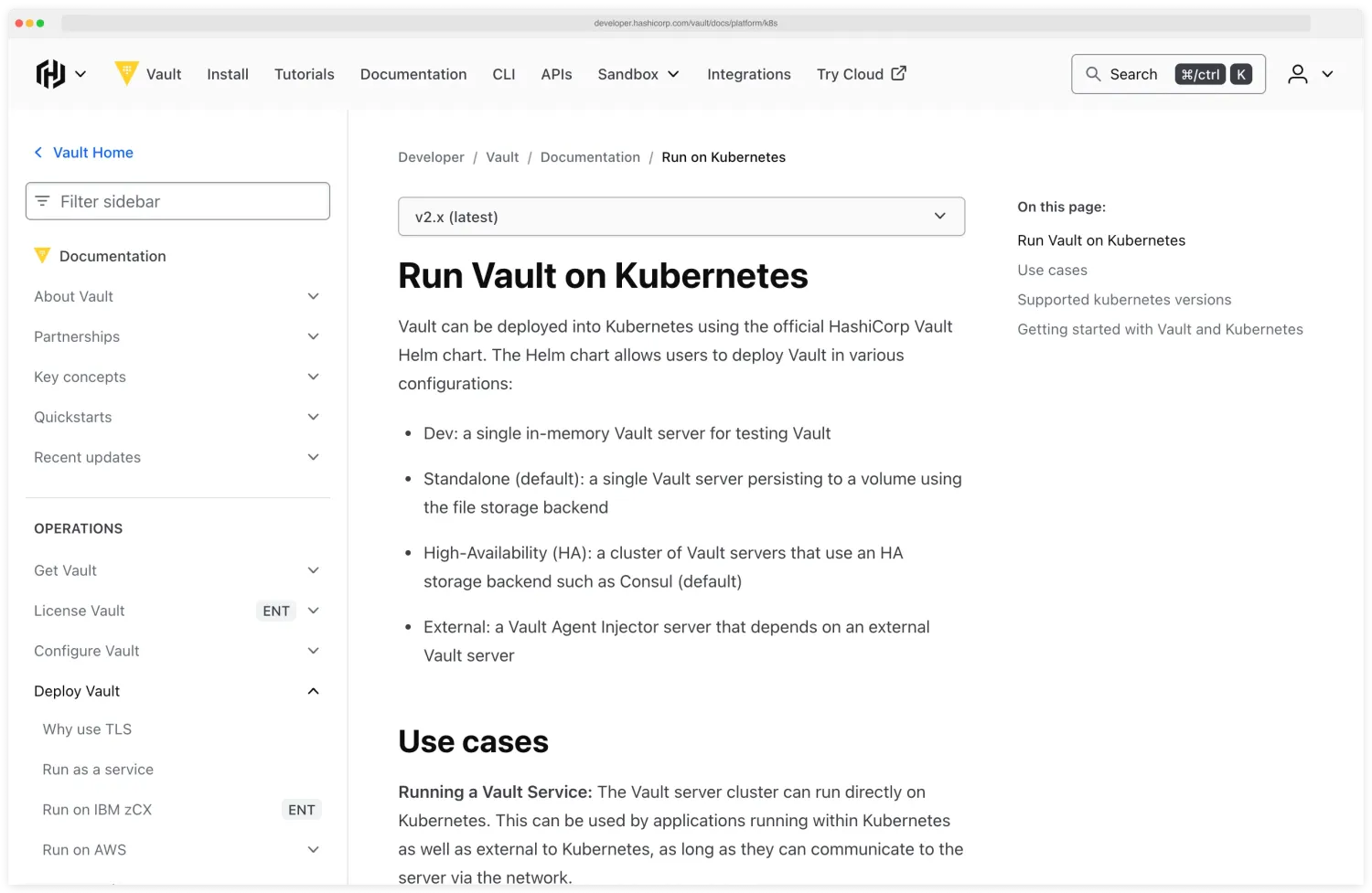 HashiCorp Vault documentation page on the Kubernetes platform integration describing the Vault Agent Sidecar Injector, the CSI Secrets Store Driver, the Vault Secrets Operator, and the Kubernetes auth method used to authenticate pods to Vault using their service-account tokens
