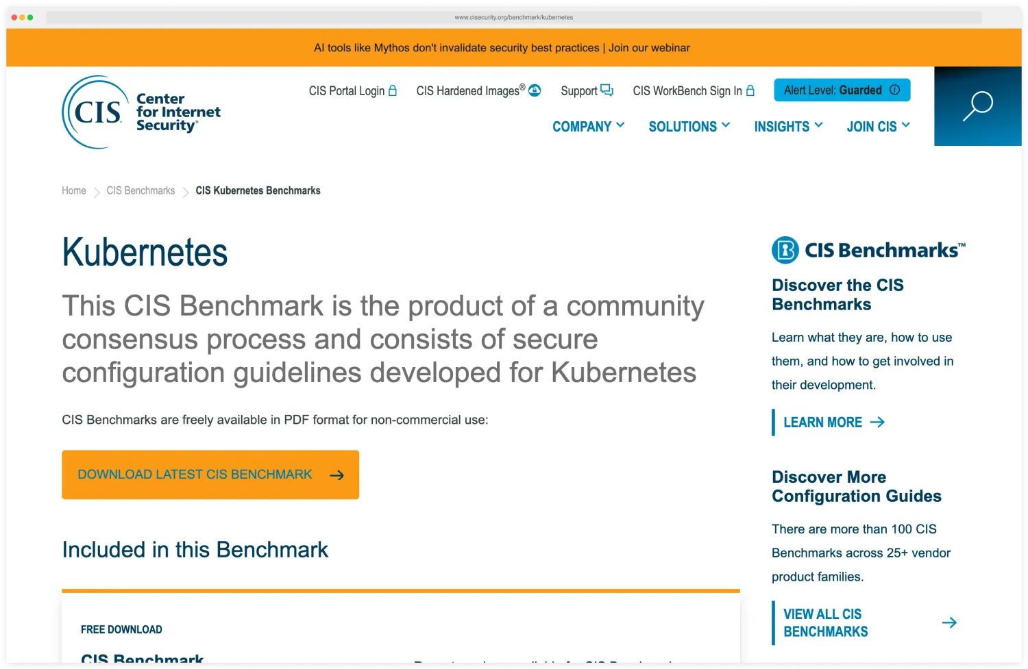 Center for Internet Security CIS Kubernetes Benchmark page showing the description of community-consensus secure configuration guidelines, a Download Latest CIS Benchmark button, and per-distribution Kubernetes hardening guides for EKS, GKE, AKS, OpenShift, and Rancher