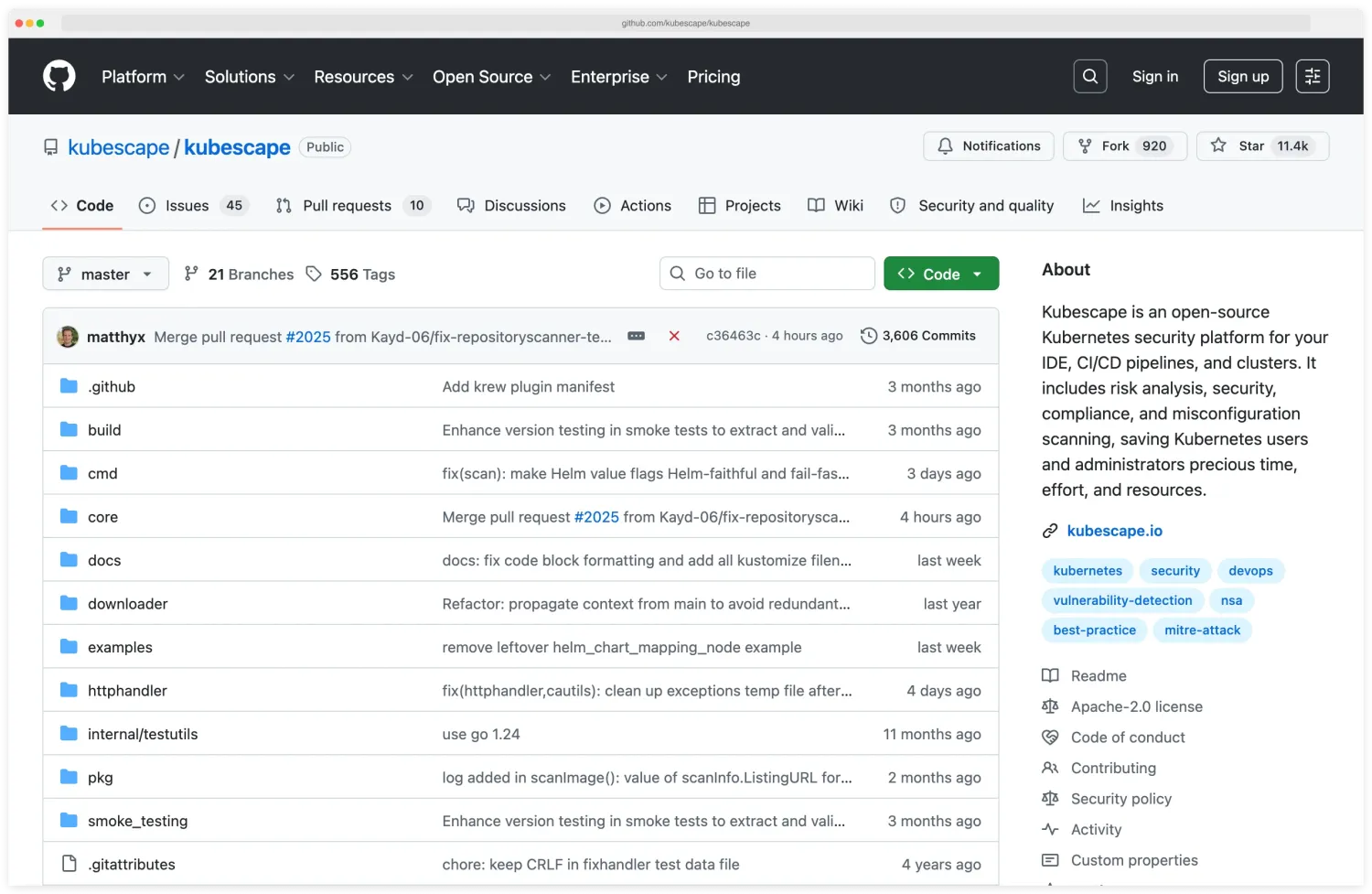 Kubescape repository on GitHub by the kubescape organisation showing the project description for finding misconfigurations, vulnerabilities, secrets, and SBOM in containers, Kubernetes, code repositories and clouds, with the star count, fork count, and CNCF incubating status visible