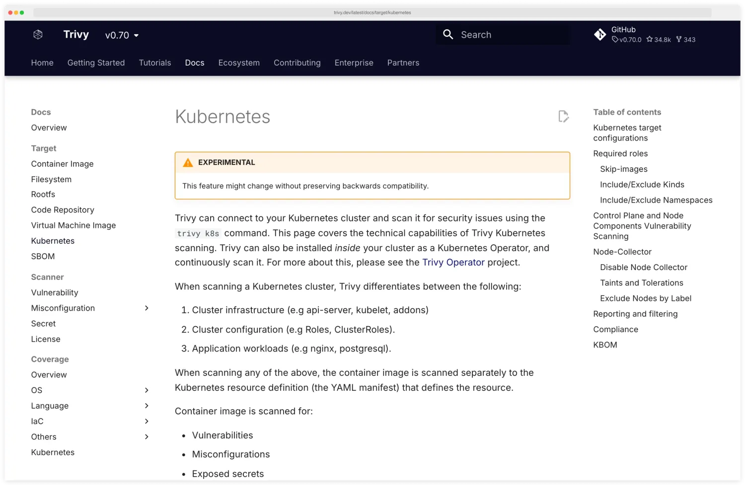 Trivy documentation page describing the Kubernetes target with sections for cluster scanning, summary and detailed reports, namespace and resource filtering, and the kubeconfig context Trivy uses to connect to the cluster