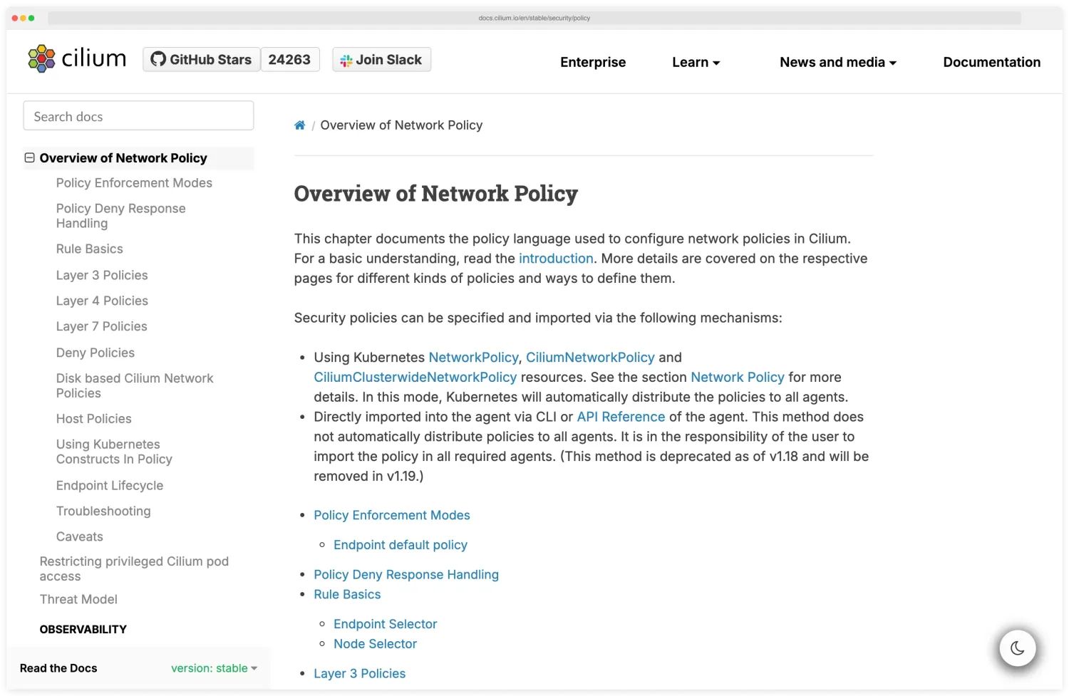 Cilium documentation page on network policy enforcement showing the eBPF-backed datapath, identity-based security, and Layer 7 policy support for HTTP, gRPC, Kafka, and DNS, with examples of CiliumNetworkPolicy resources that extend the standard Kubernetes NetworkPolicy