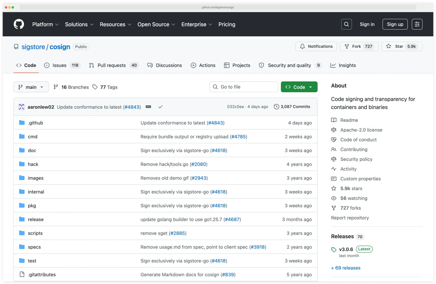 Cosign repository on GitHub by the sigstore organisation, the project that signs container images and other artefacts using keyless OIDC backed signing or a long-lived key, with the README, contributors, and Apache-2.0 license clearly visible