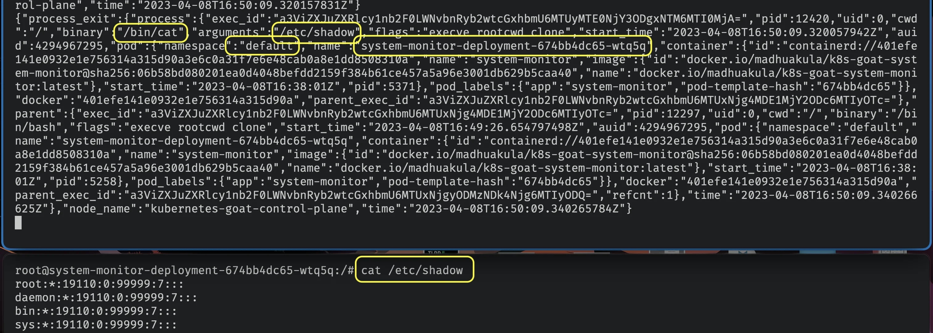 Cilium Tetragon detecting a container reading /etc/shadow — JSON event output showing process execution, pod metadata, and file access details in a Kubernetes cluster