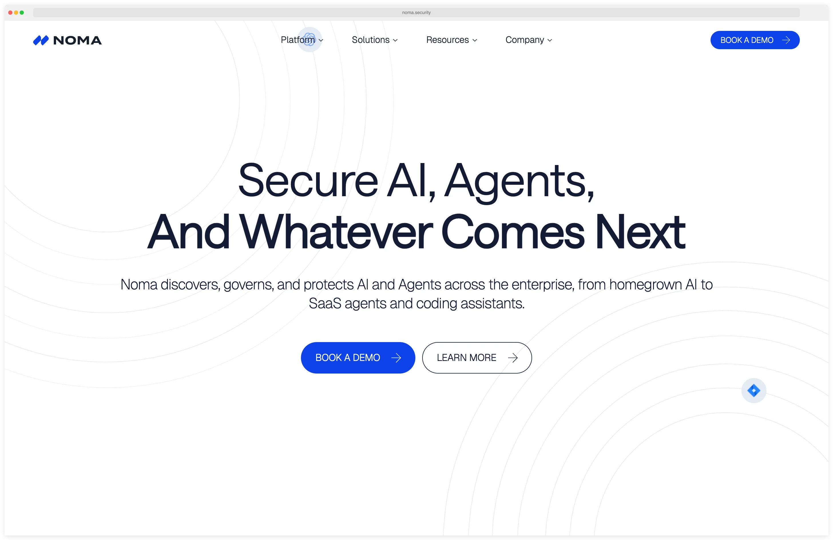 Noma Security homepage with the tagline 'Secure AI, Agents, And Whatever Comes Next' — the unified AI security platform that discovers, governs, and protects AI and Agents across the enterprise