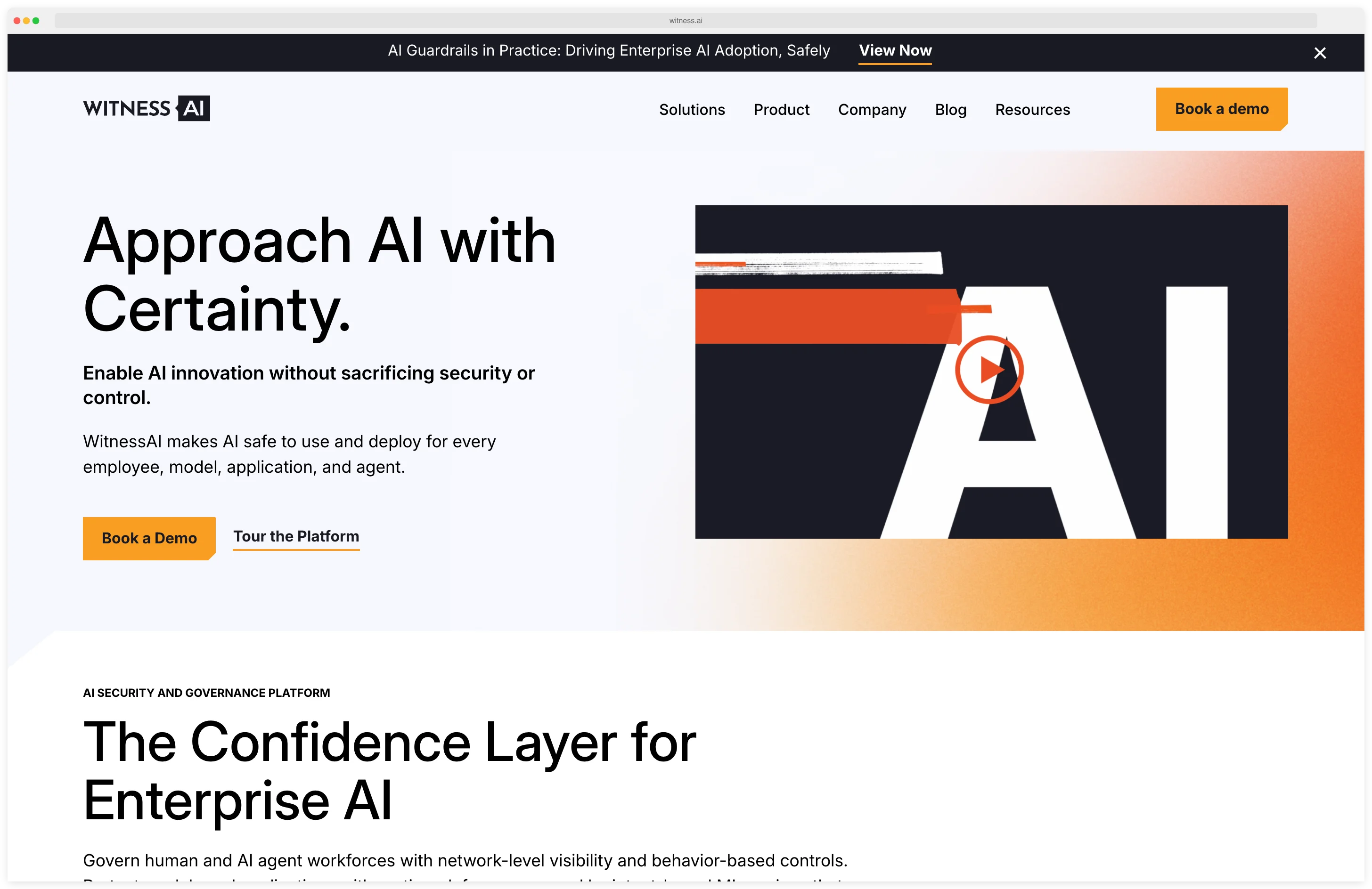 WitnessAI homepage 'Approach AI with Certainty' positioning the product as 'The Confidence Layer for Enterprise AI' — an AI security and governance platform that enables AI innovation without sacrificing security or control