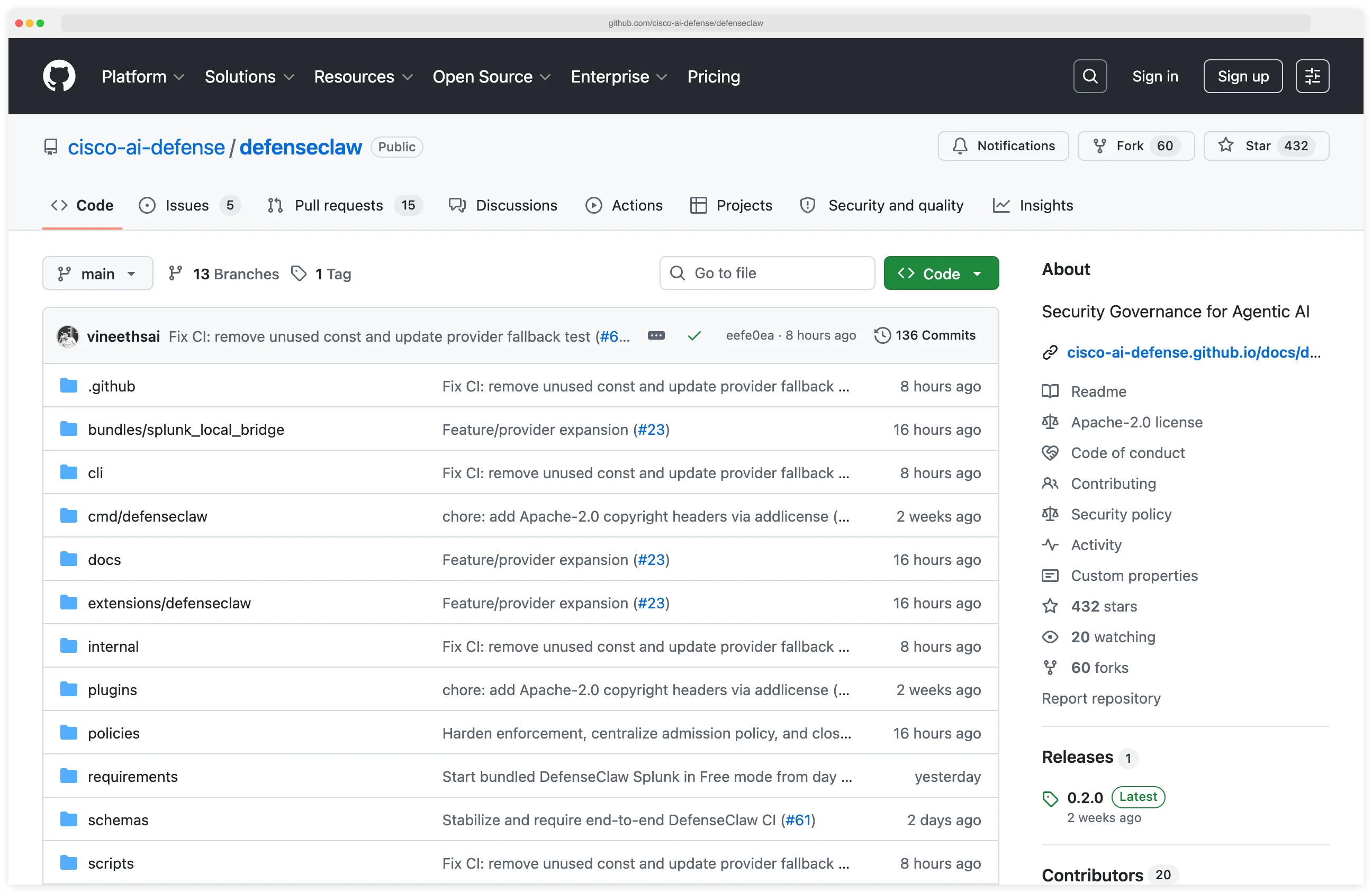 Cisco DefenseClaw GitHub repository at cisco-ai-defense/defenseclaw showing 432 stars, Apache 2.0 license, 'Security Governance for Agentic AI' description, and the bundles, cli, cmd/defenseclaw, extensions, plugins, policies, and schemas directories that ship the four scanners