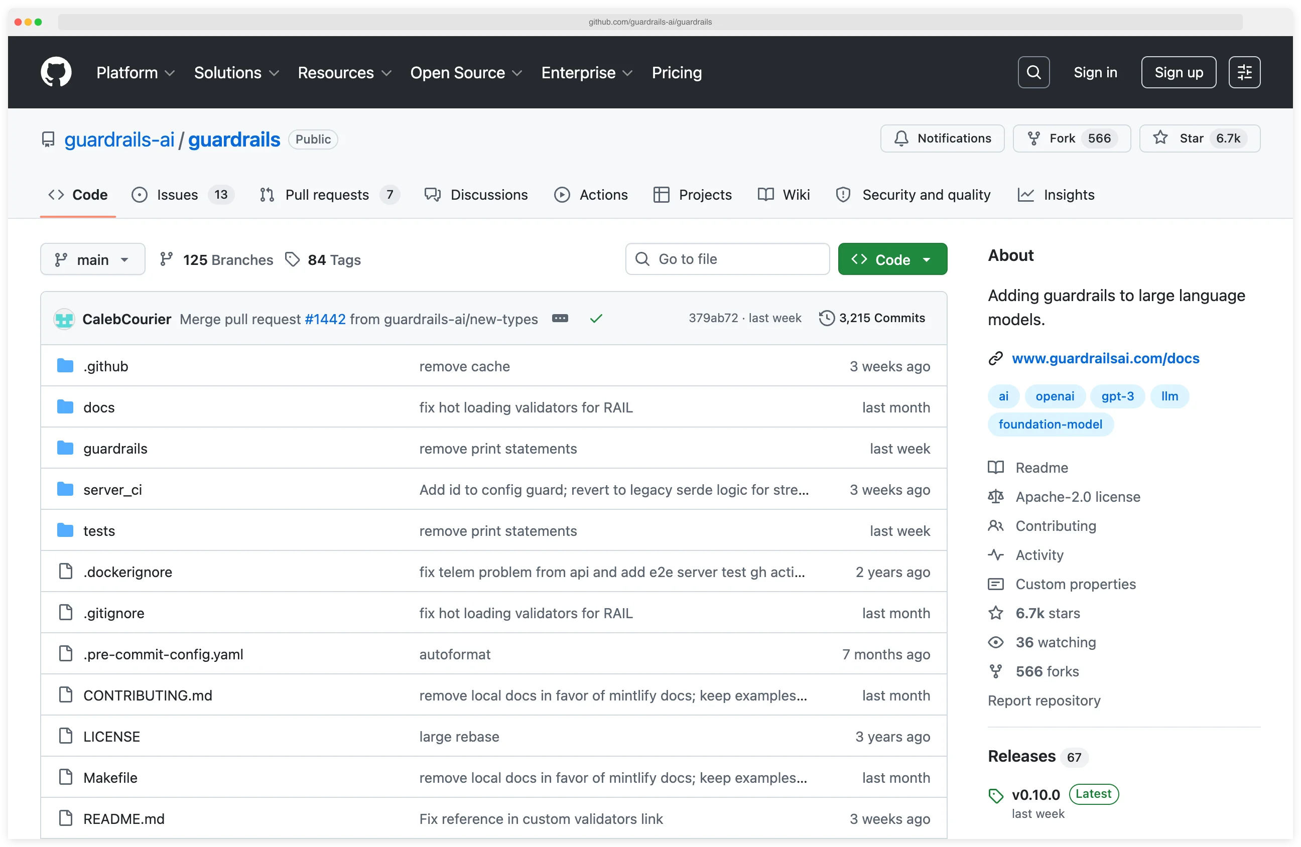 Guardrails AI GitHub repository at guardrails-ai/guardrails showing 6.7k stars, Apache 2.0 license, 67 releases, 125 branches, and the latest v0.10.0 release — 'Adding guardrails to large language models' description by the maintainer