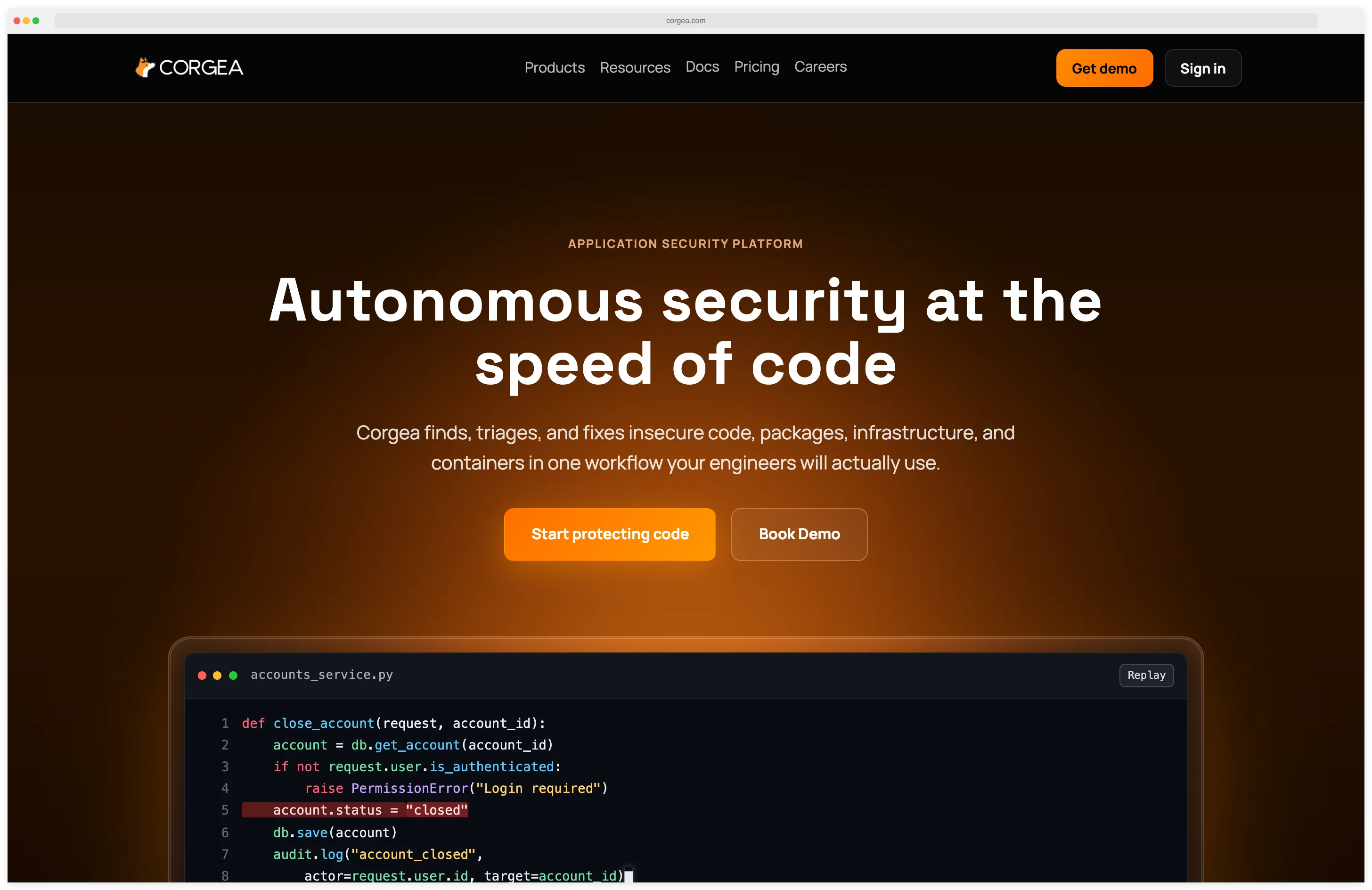 Corgea homepage 'Autonomous security at the speed of code' with a live code example — the platform finds, triages, and fixes insecure code, packages, infrastructure, and containers in one workflow, shown highlighting an account.status closing flaw in a Python accounts_service.py file