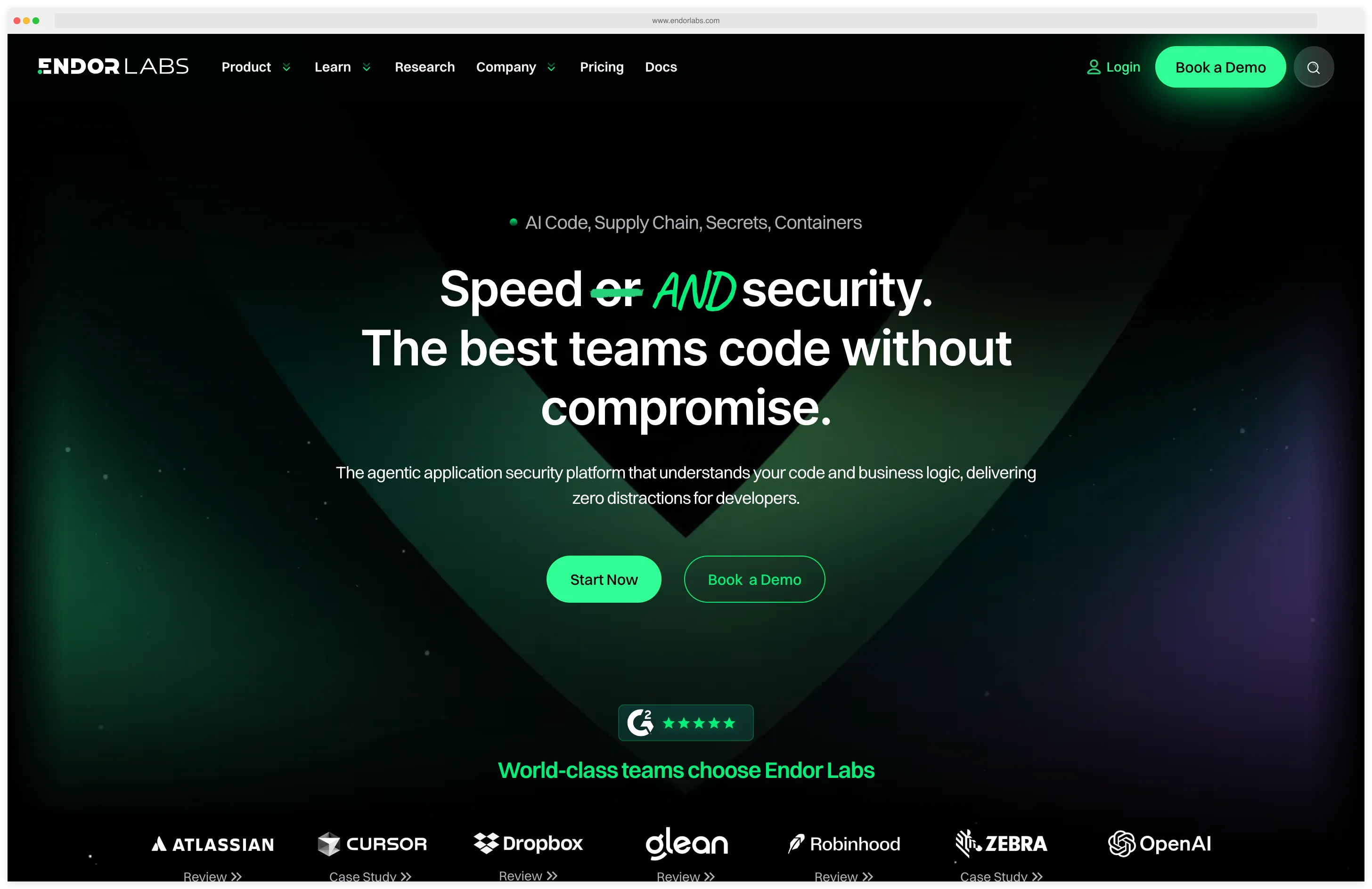Endor Labs homepage 'Speed AND security — the best teams code without compromise' with the tagline 'AI Code, Supply Chain, Secrets, Containers' and a customer logo wall featuring Atlassian, Cursor, Dropbox, Glean, Robinhood, Zebra, and OpenAI