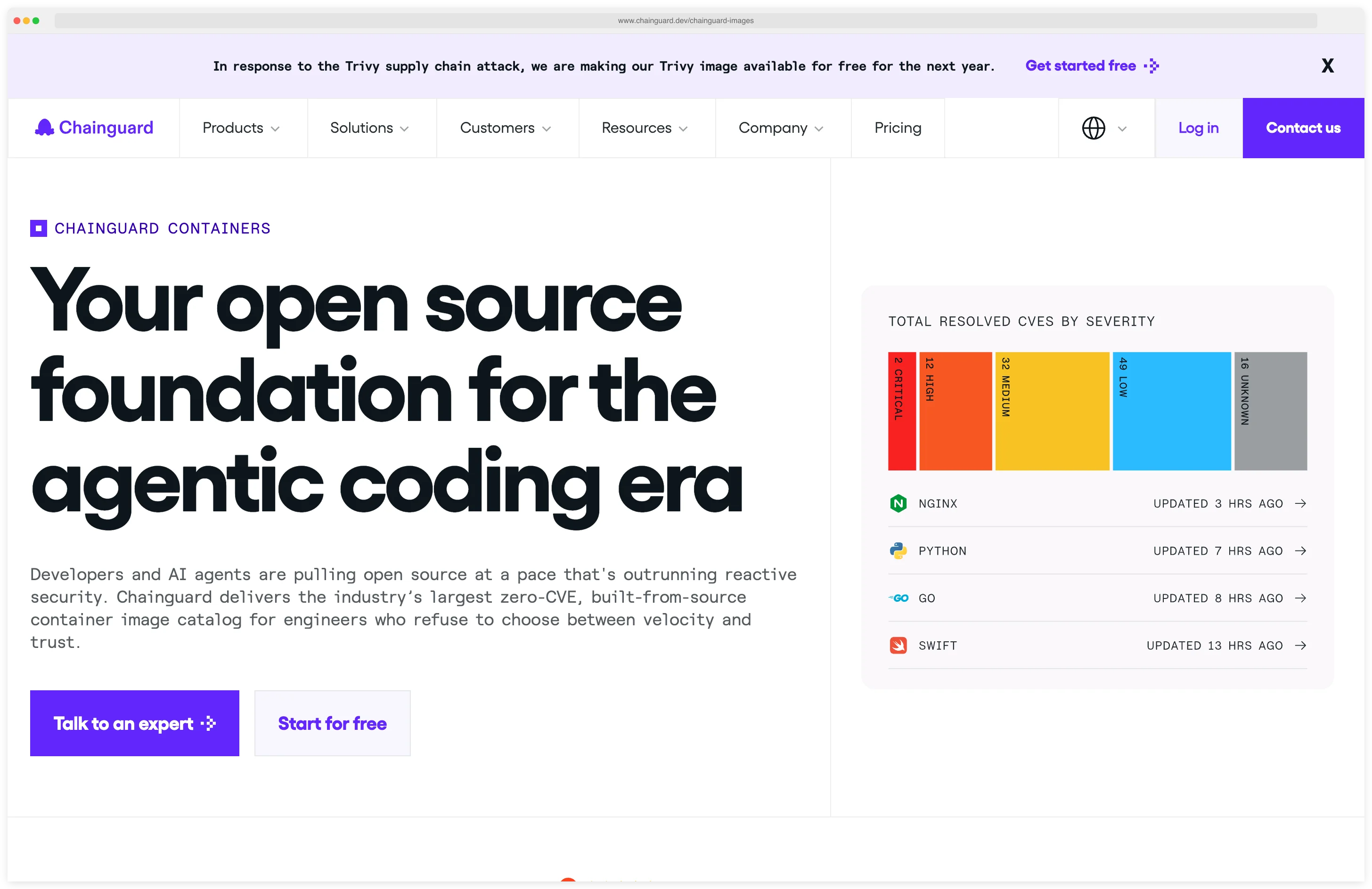 Chainguard Containers landing page 'Your open source foundation for the agentic coding era' with a Total Resolved CVEs by Severity panel showing nginx, python, go, and swift images and their resolved CVE counts across CRITICAL, HIGH, MEDIUM, and LOW severities