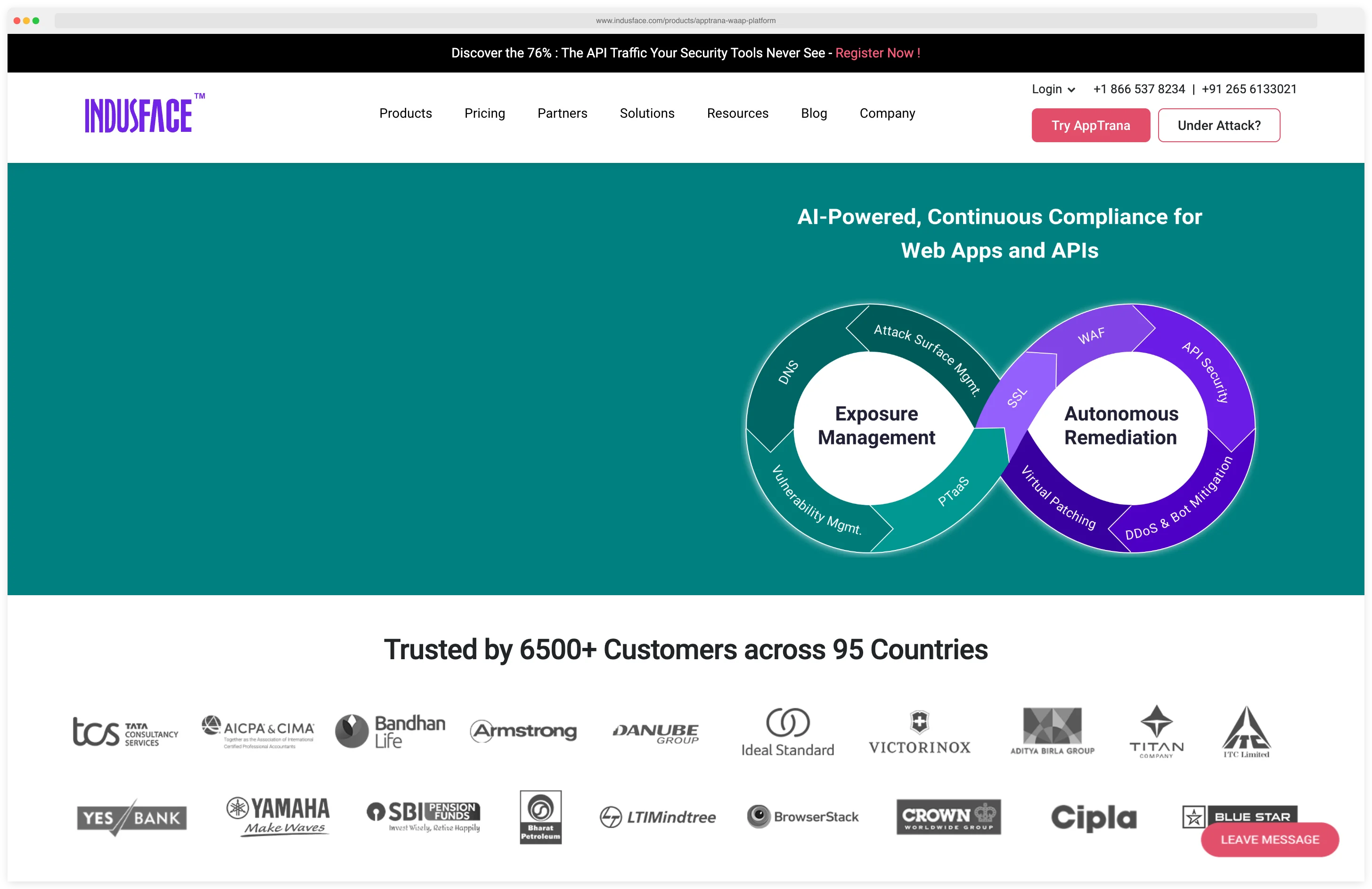 AppTrana WAAP product page 'AI-Powered, Continuous Compliance for Web Apps and APIs' with the dual loop diagram showing Exposure Management (Attack Surface Mgmt, DAST, Vulnerability Mgmt, PTaaS) feeding into Autonomous Remediation (WAF, API Security, Bot, Virtual Patching, DDoS, Bot Mitigation), trusted by 6500+ customers across 95 countries