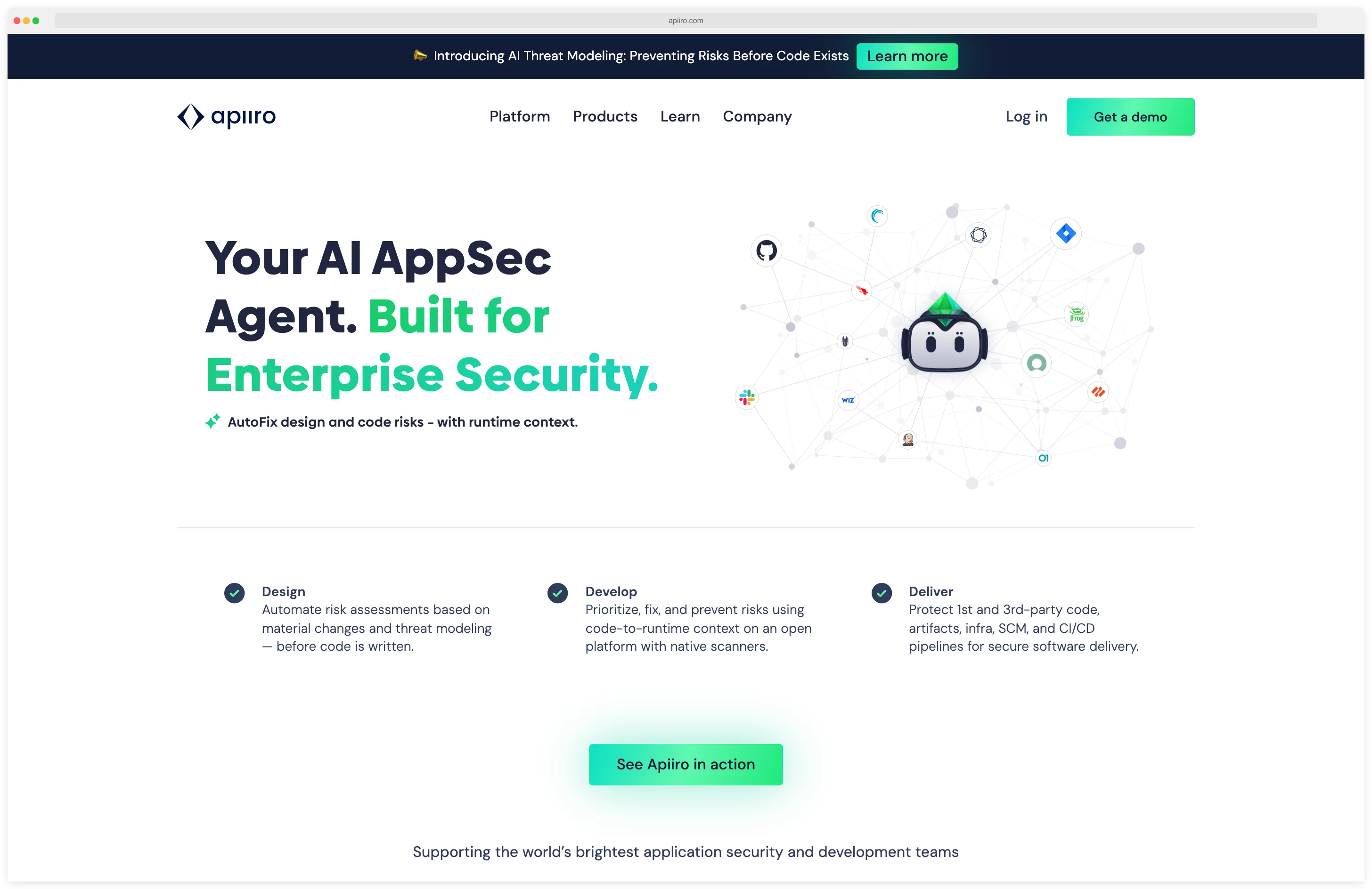 Apiiro homepage 'Your AI AppSec Agent. Built for Enterprise Security' with the AutoFix design and code risks pitch — Design (automate risk assessments based on material changes and threat modeling before code is written), Develop (prioritize, fix, and prevent risks with code-to-runtime context on an open platform with native scanners), and Deliver (protect 1st and 3rd-party code, artifacts, infra, SCM, and CI/CD pipelines for secure software delivery)