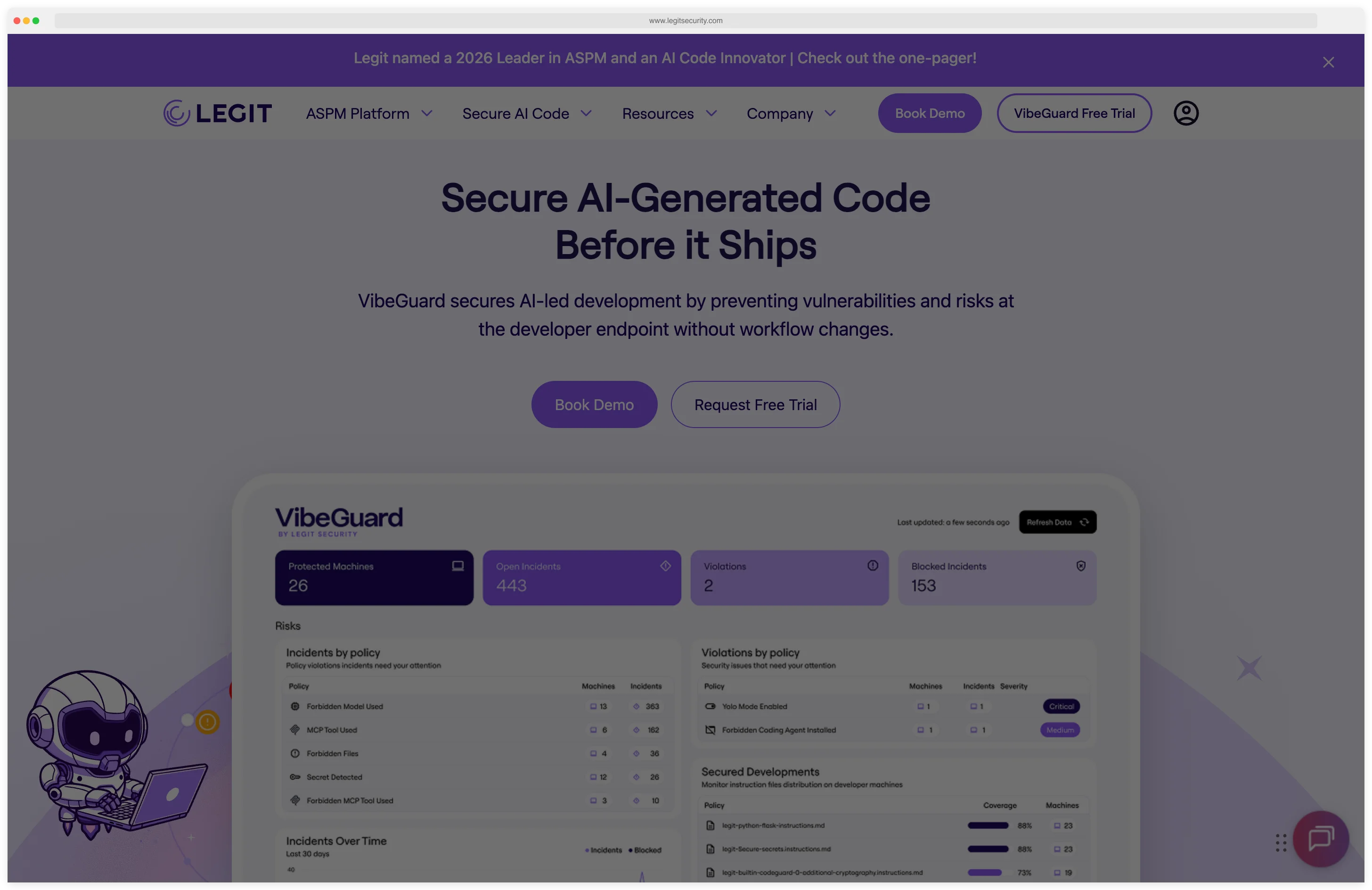 Legit Security VibeGuard product page 'Secure AI-Generated Code Before it Ships' with a live VibeGuard dashboard showing 26 protected machines, 443 incidents by policy, 2 violations by policy, and 153 secured developments — preventing vulnerabilities and risks at the developer endpoint without workflow changes