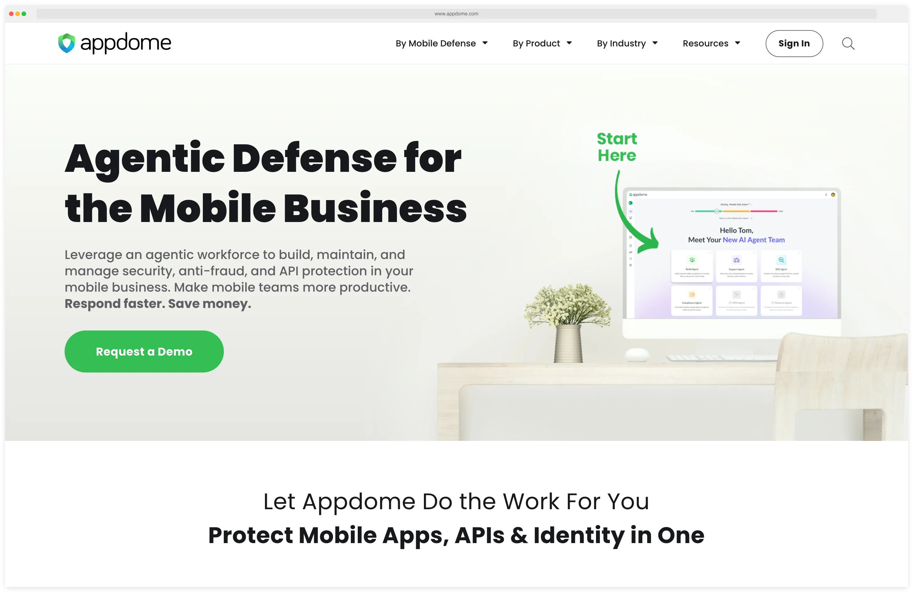 Appdome homepage 'Agentic Defense for the Mobile Business' — leverage an agentic workforce to build, maintain, and manage security, anti-fraud, and API protection in mobile business, with a 'Hello Tom, Meet Your New AI Agents Team' product UI illustration