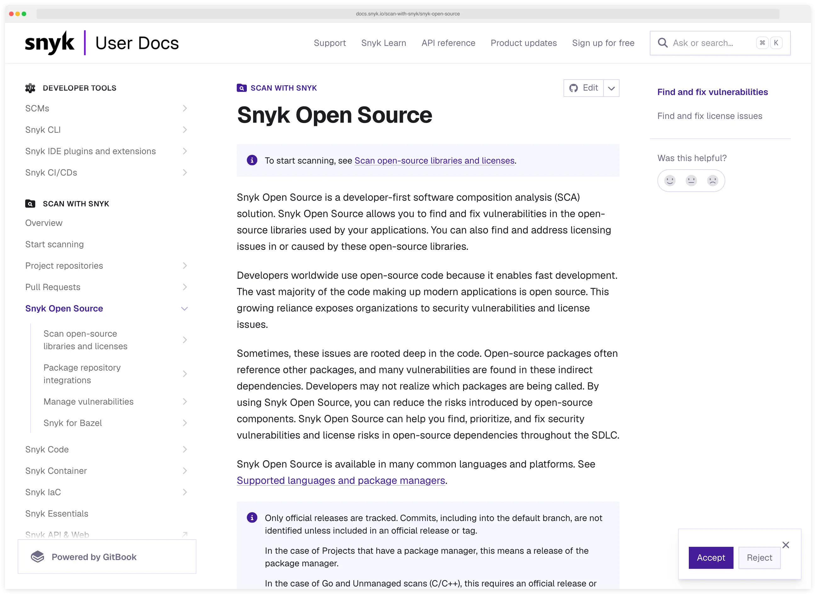 Snyk Open Source user docs page describing the developer-first SCA product alongside the full Snyk platform sidebar, illustrating how Snyk positions open source dependency scanning as one module in its developer tooling