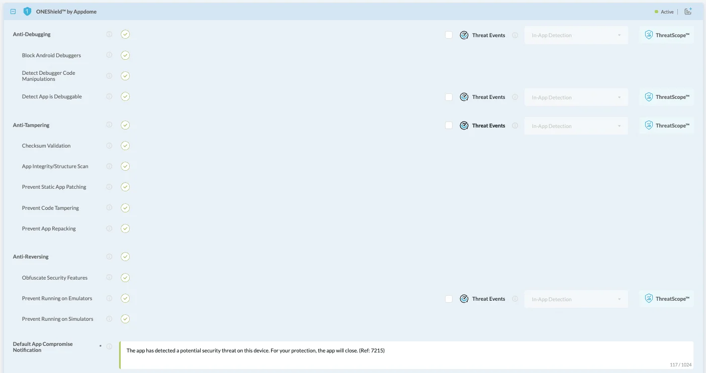 Appdome homepage showing a no-code mobile defense automation workflow