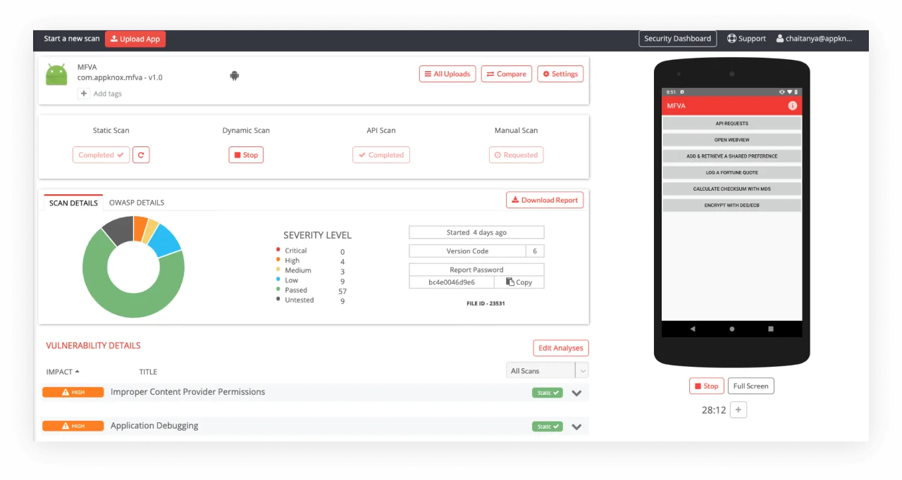 Appknox platform screenshot showing unified mobile SAST plus DAST plus API testing workflow
