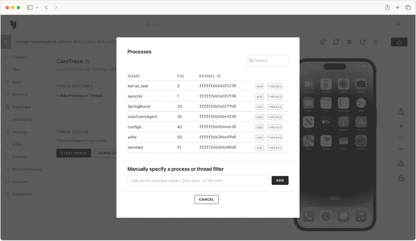 Corellium virtual devices dashboard showing a fleet of ARM-based iOS and Android emulated devices