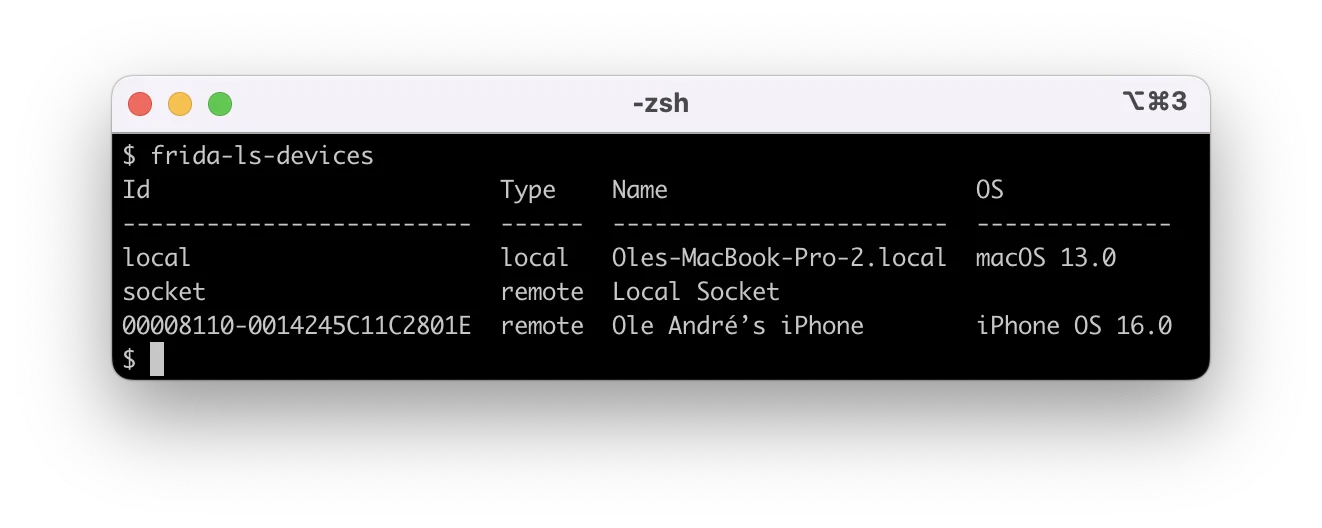 Frida package manager search view showing the dynamic instrumentation toolkit distribution
