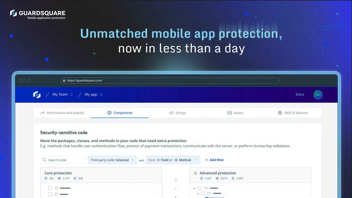 Guardsquare homepage for DexGuard and iXGuard showing deep code obfuscation positioning