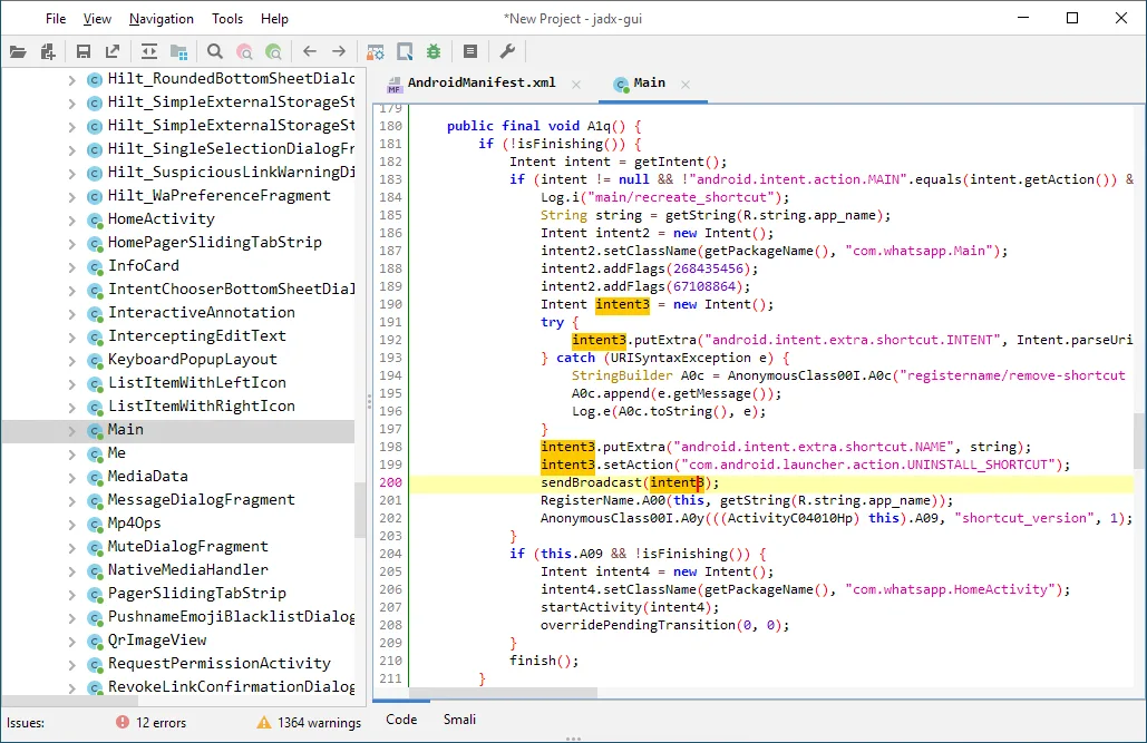jadx GUI showing decompiled Java source from an Android DEX file