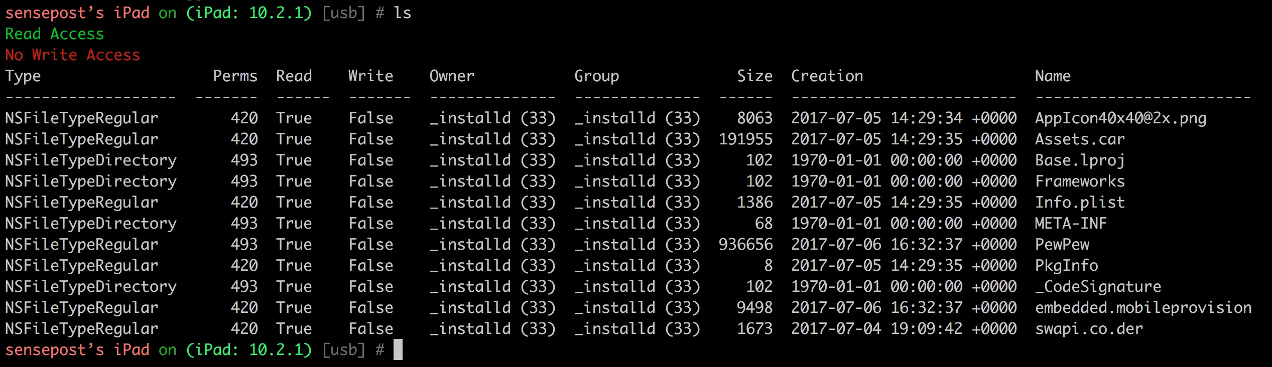 Objection iOS filesystem exploration terminal output showing a mobile pentest session