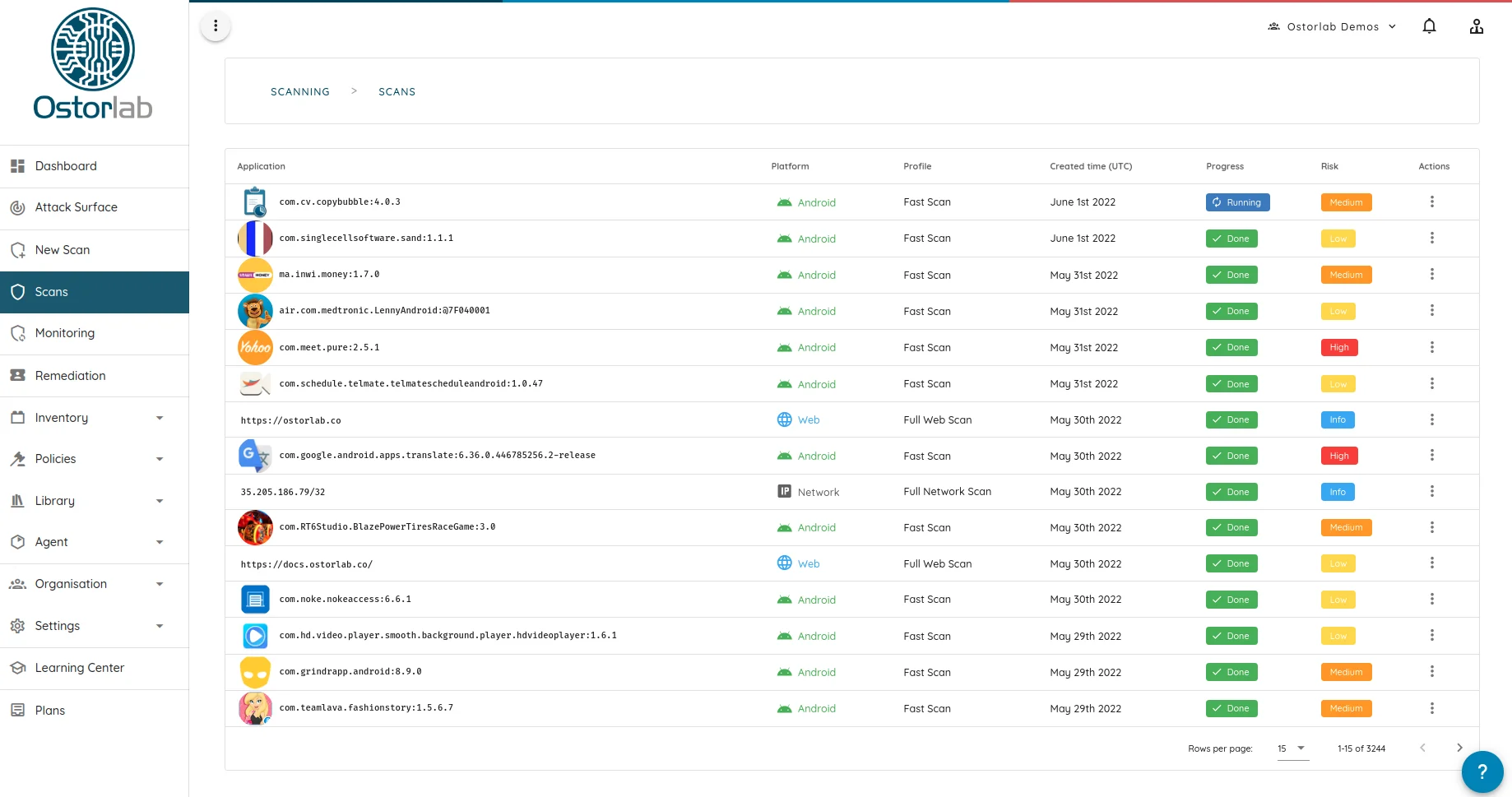 Ostorlab OXO engine build screen showing an open-source mobile scanner pipeline