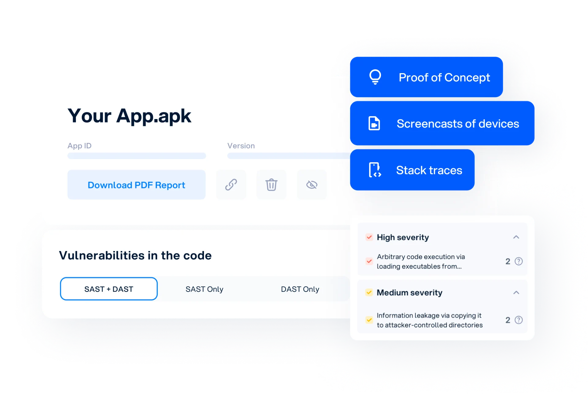 Oversecured web portal listing Android and iOS vulnerability findings with severity grouping