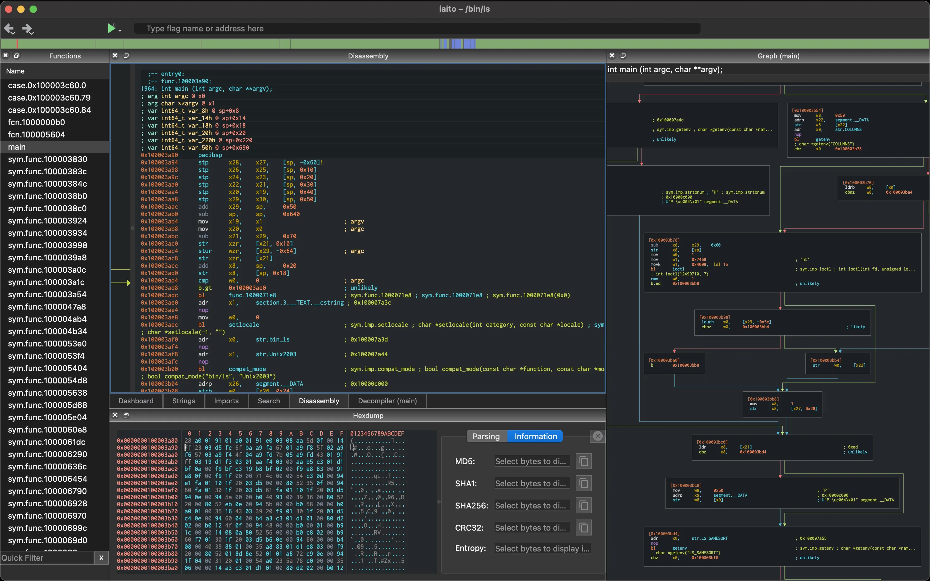 radare2 iaito GUI showing multi-architecture binary analysis session
