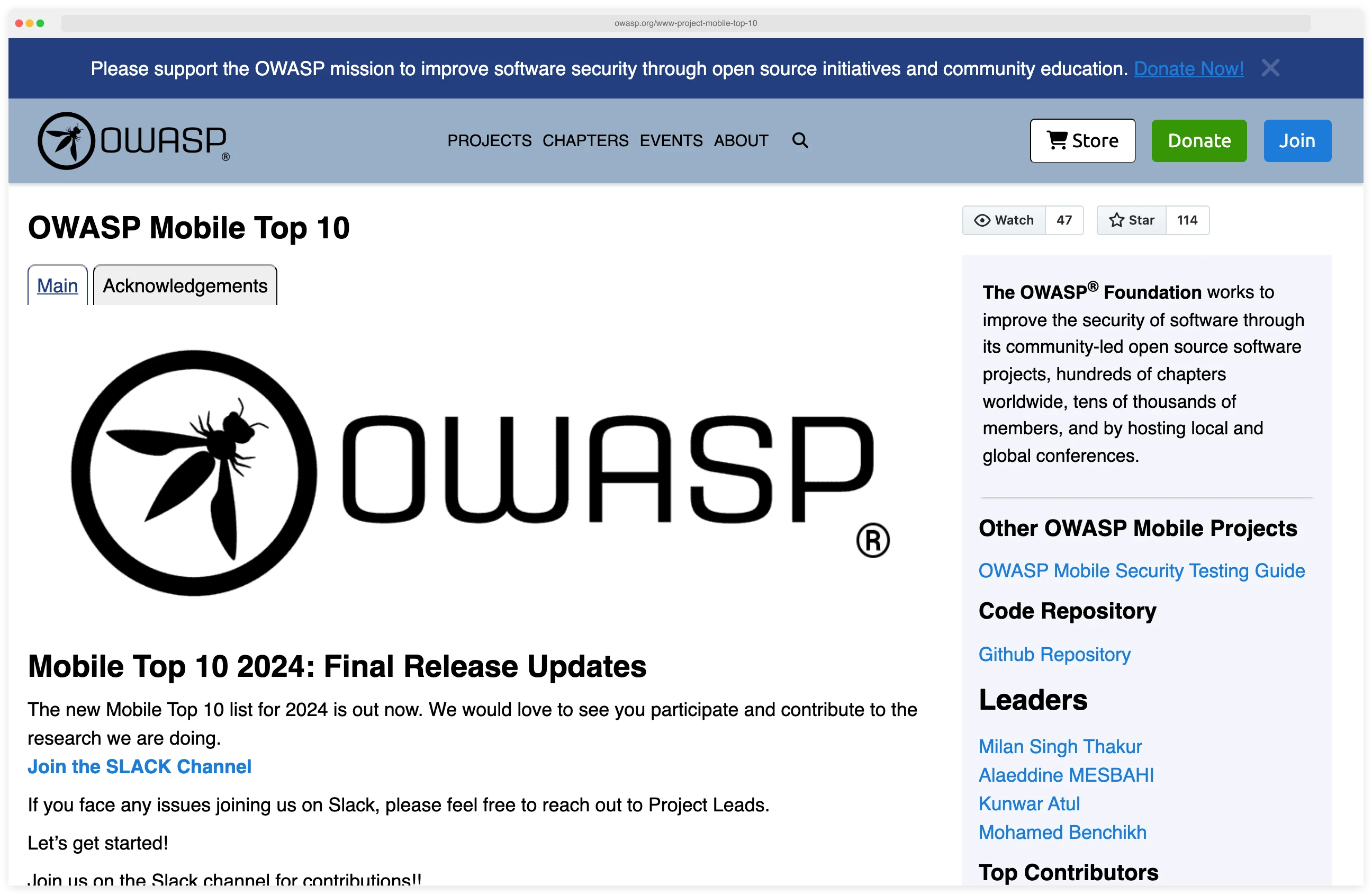 OWASP Mobile Top 10 project page showing the 2024 release that added supply chain security as a new risk category