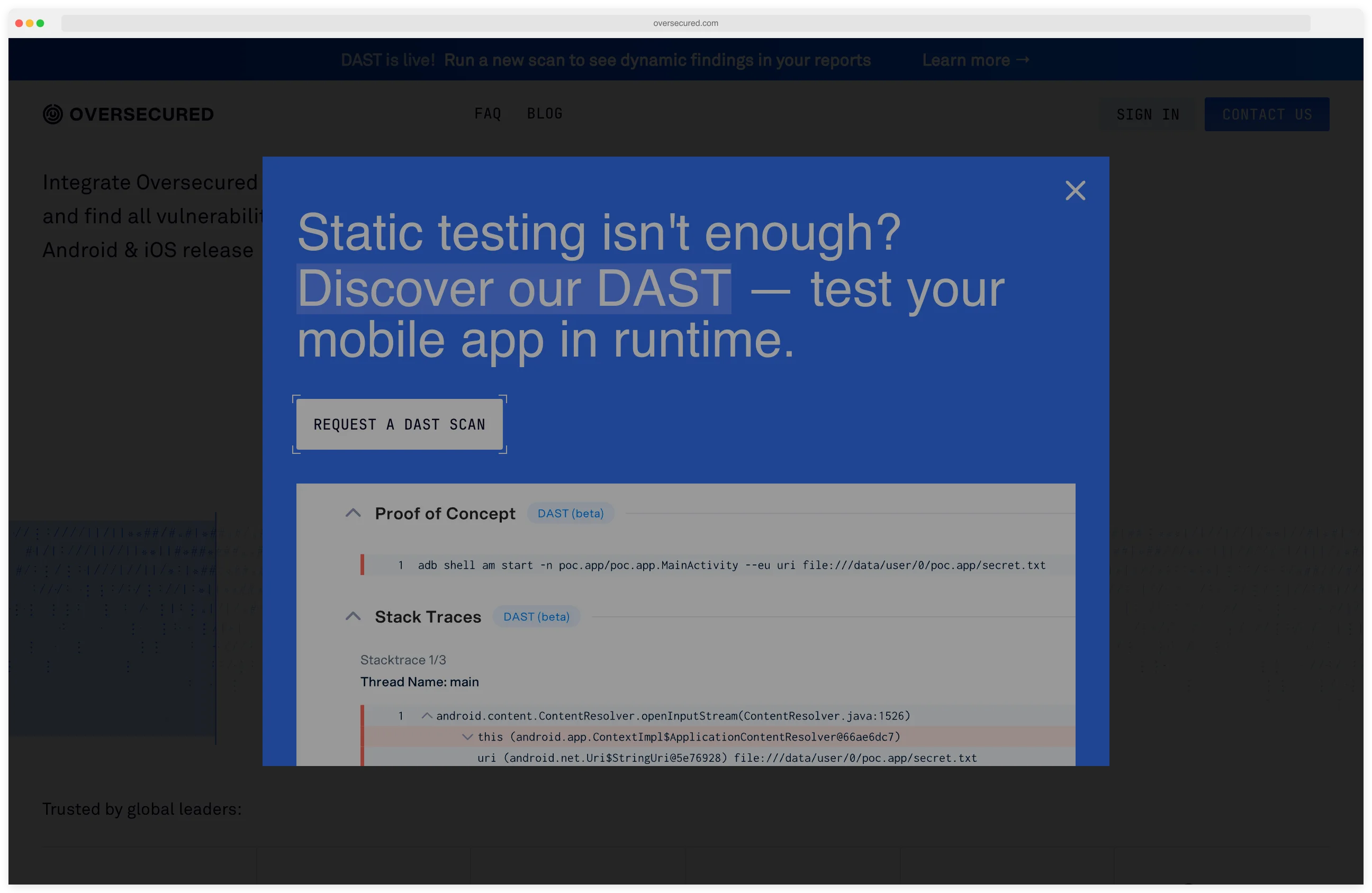 Oversecured homepage showing the vendor's 99.8% detection and 3% false positive claim for mobile SAST and DAST