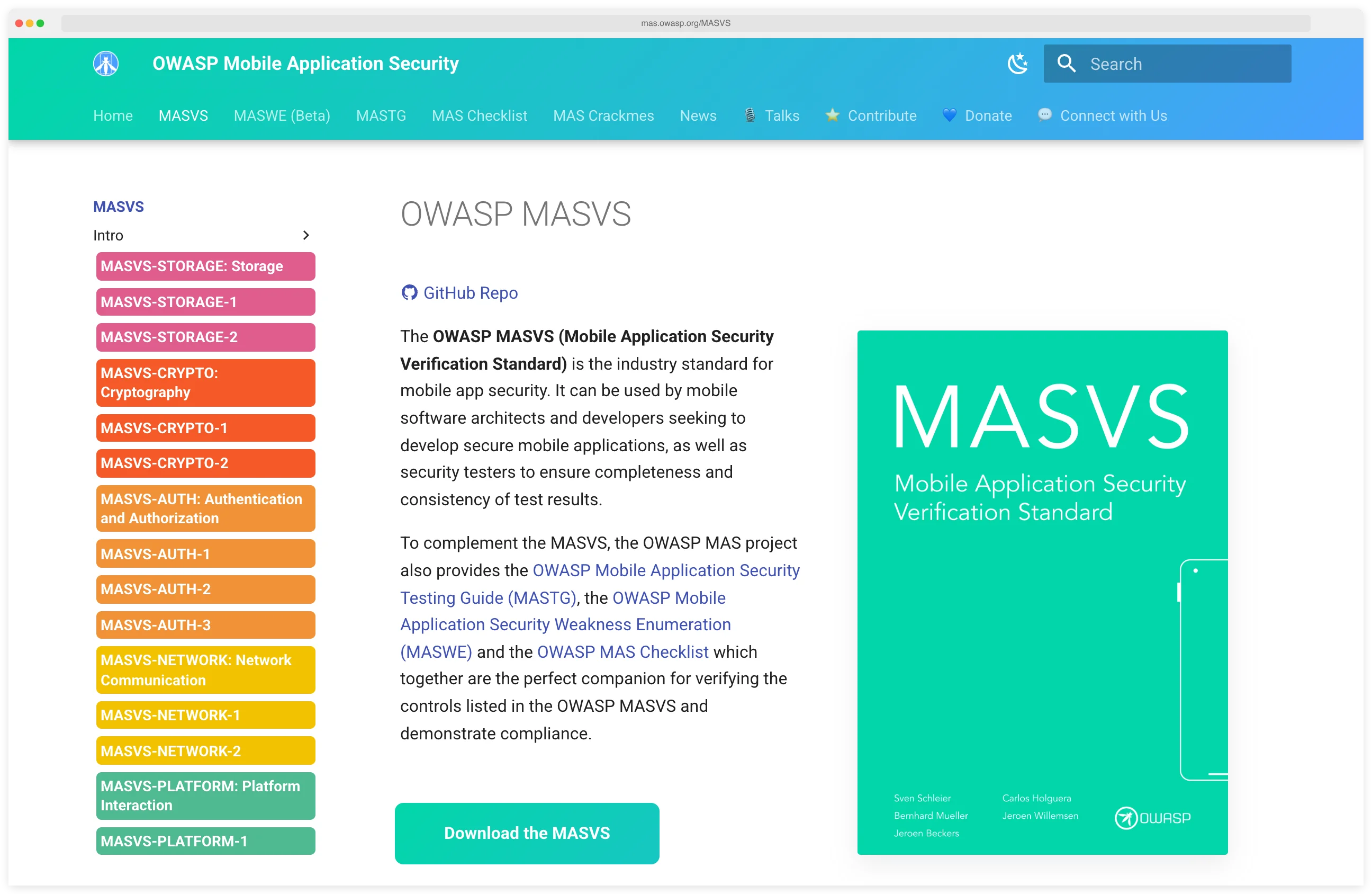 OWASP MASVS 2.1 official specification page showing the 8 security categories (Storage, Crypto, Auth, Network, Platform, Code, Resilience, Privacy)