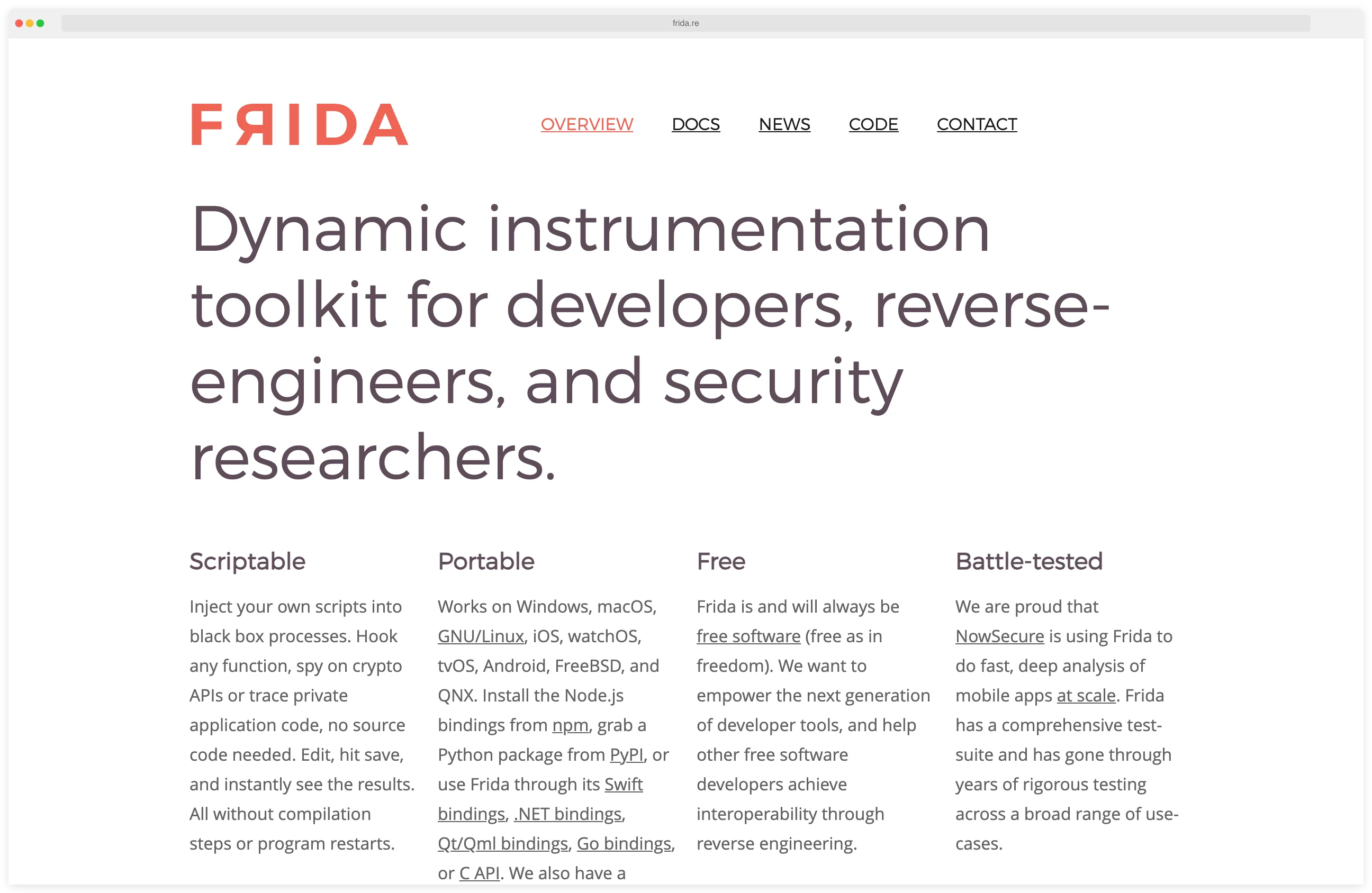 Frida.re homepage explaining Frida as a dynamic instrumentation toolkit for iOS and Android runtime hooking