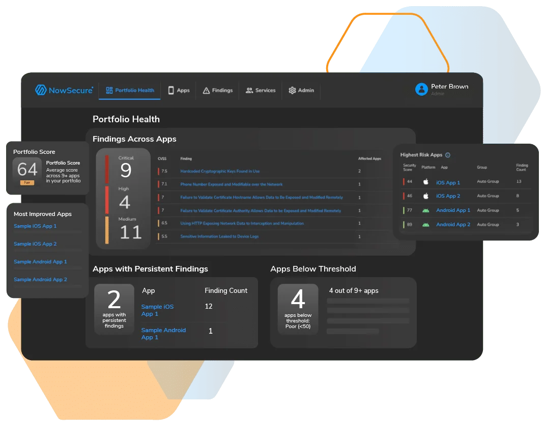 NowSecure platform Portfolio Health dashboard showing 9 critical findings across iOS and Android apps, with CVSS scores and affected app counts