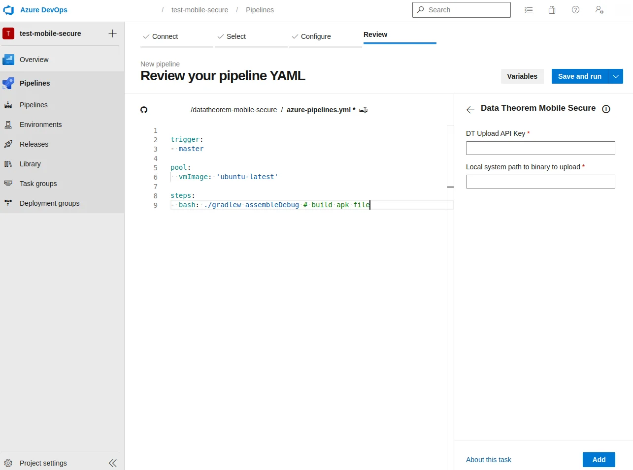 Data Theorem Mobile Secure integration in Azure DevOps pipeline showing YAML configuration for mobile binary upload with DT Upload API Key, as shown in the VS Marketplace extension setup