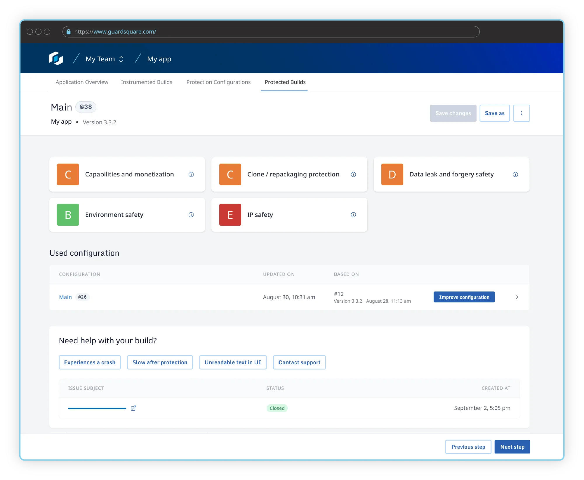 Guardsquare protection report UI showing Protected Builds dashboard for an iOS app version 3.3.2, with protection categories including capabilities and monetization, clone/repackaging protection, data leak and forgery safety, environment safety, and IP safety