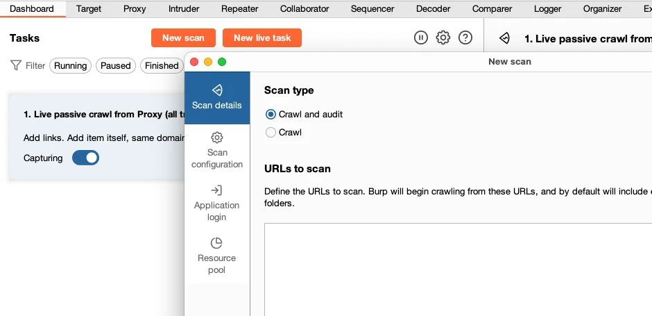 Burp Suite Professional scan details panel showing crawl and audit options, scan configuration, application login, and resource pool settings