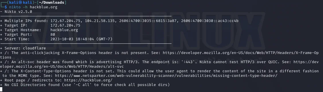 Nikto v2.1.6 scan output showing target IP, server version Apache/2.4.51, directory indexing findings, outdated version warning for CVE-2023-25690, and 8 items reported