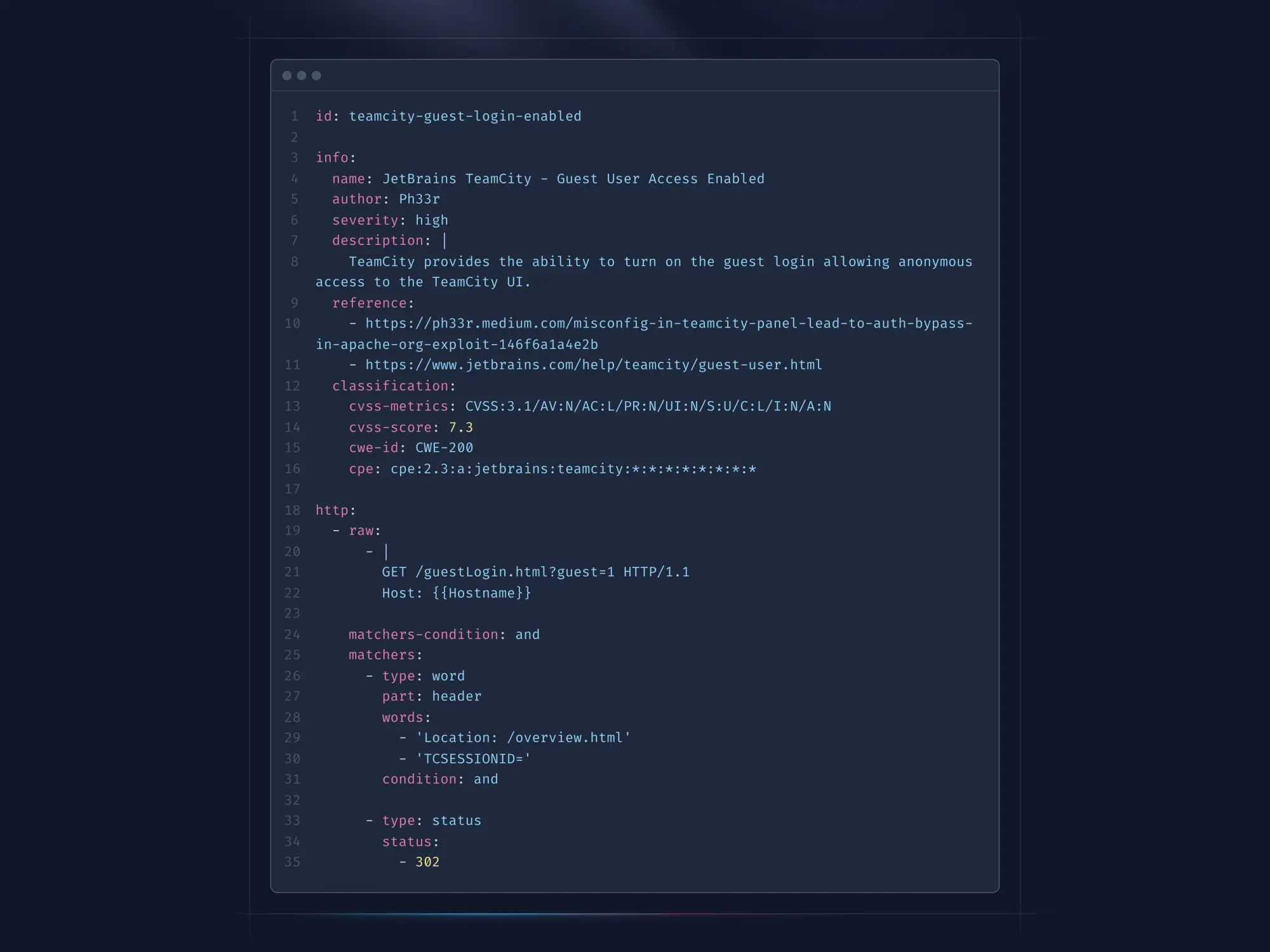 Nuclei CLI output from ProjectDiscovery's README showing a TeamCity misconfiguration template firing against a live host, illustrating Nuclei's template-driven detection format and terminal-first workflow