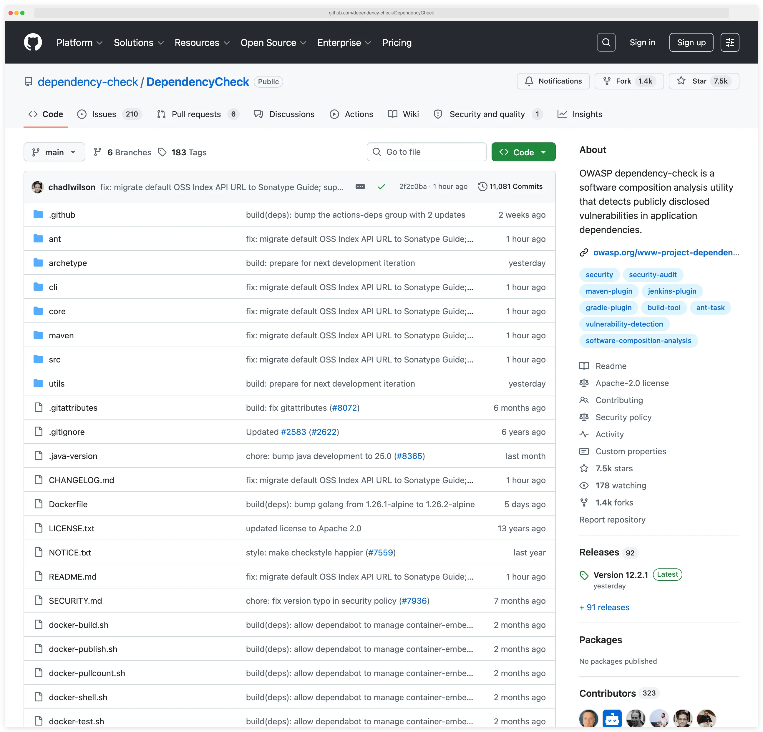 OWASP Dependency-Check GitHub repository page showing 7,400+ stars, Apache 2.0 license, 290+ contributors, and current version 12.2.0 with native Maven, Gradle and Jenkins integration